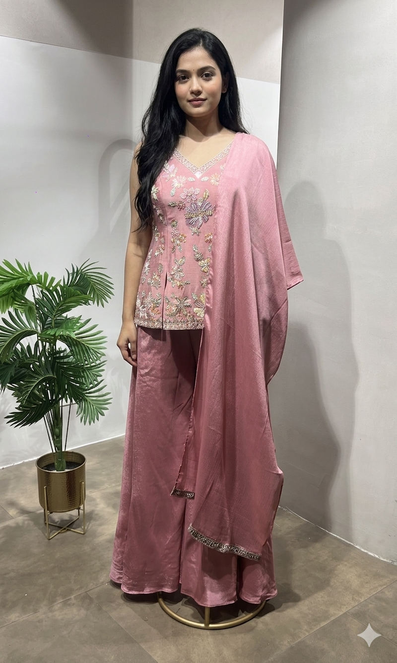 Baby Pink Floral Embroidered Palazzo Suit