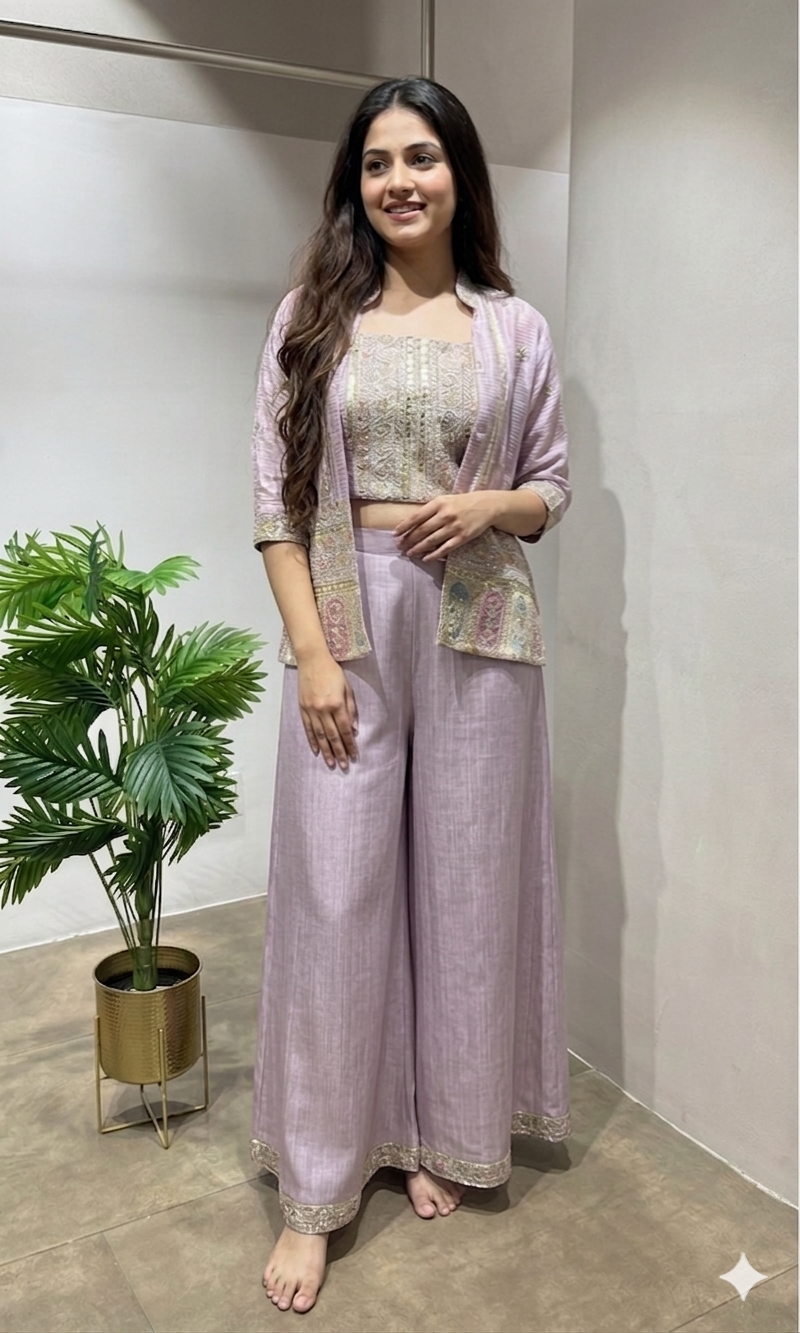 Light purple crop top palazzo with jacket