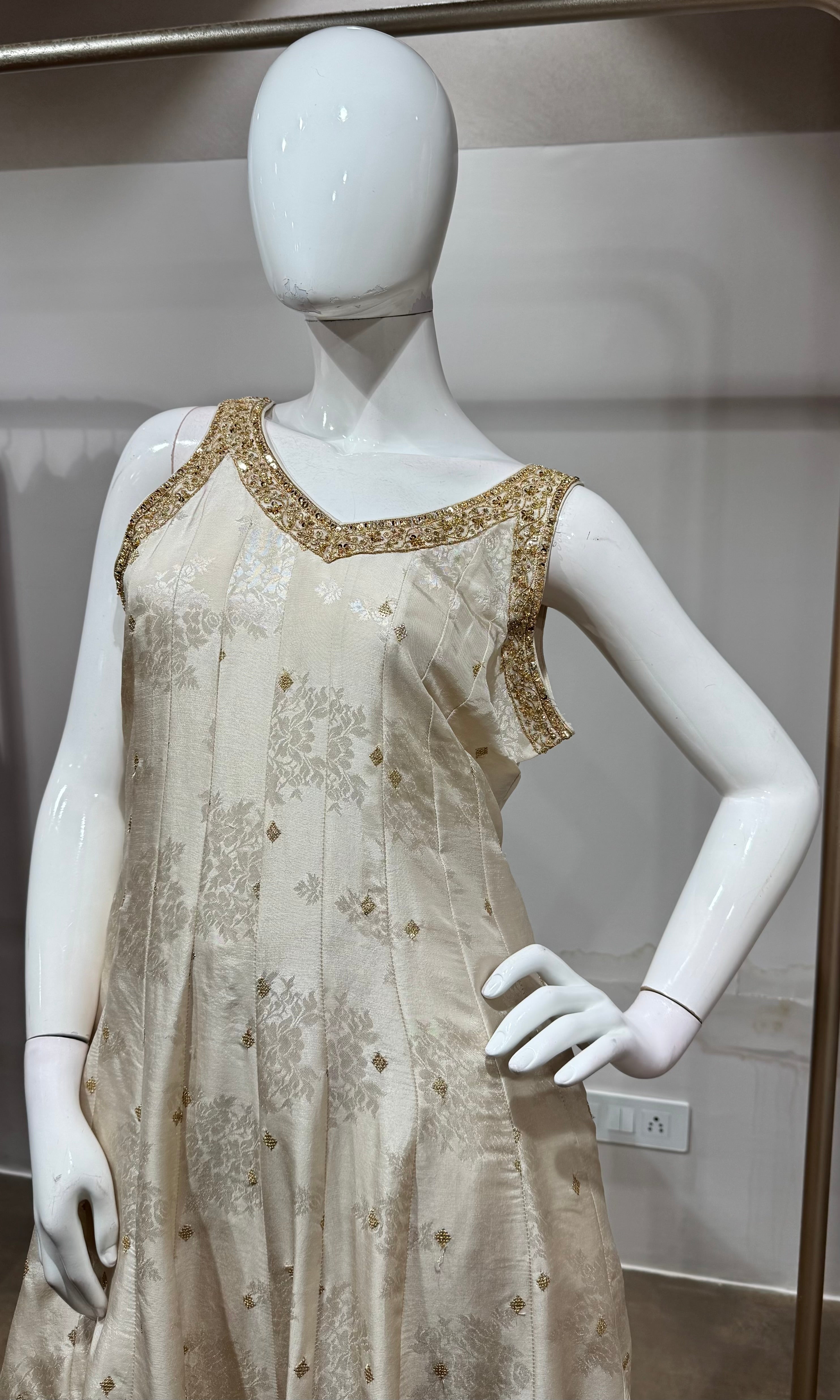 Cream Golden Anarkali with Contrast Dupatta