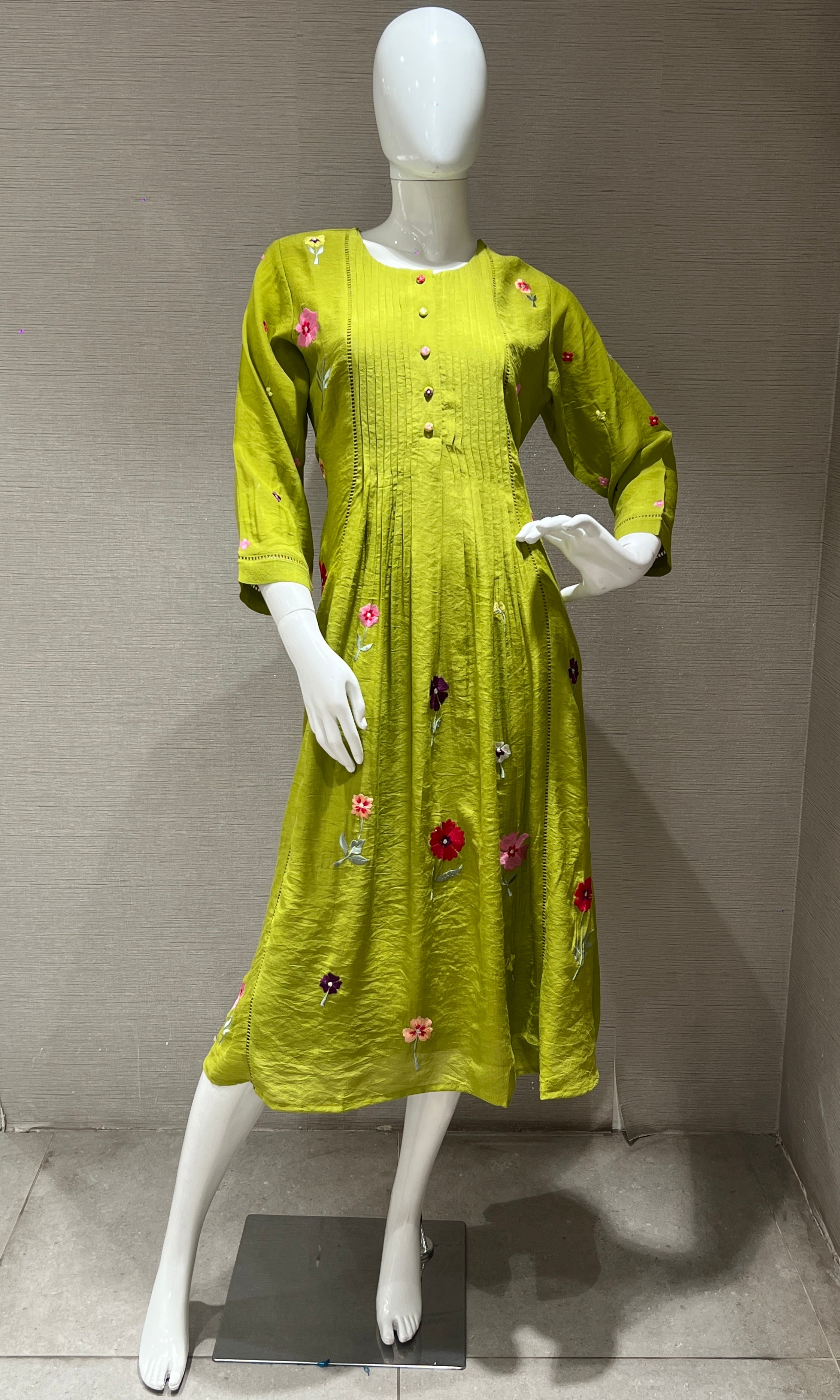 Green Floral embroidery A- Line top