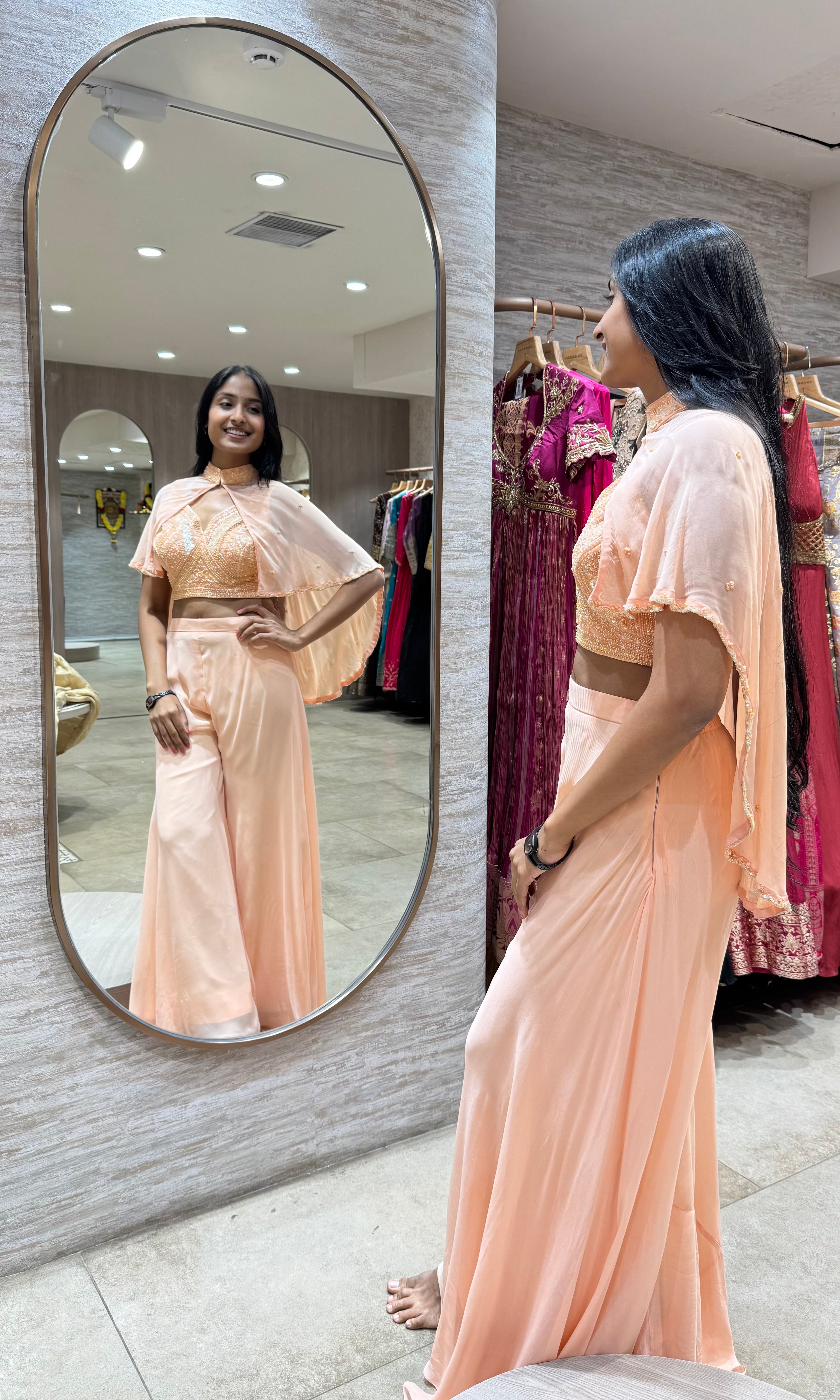 PEACH EMBROIDERED PALAZZO SET WITH CAPE