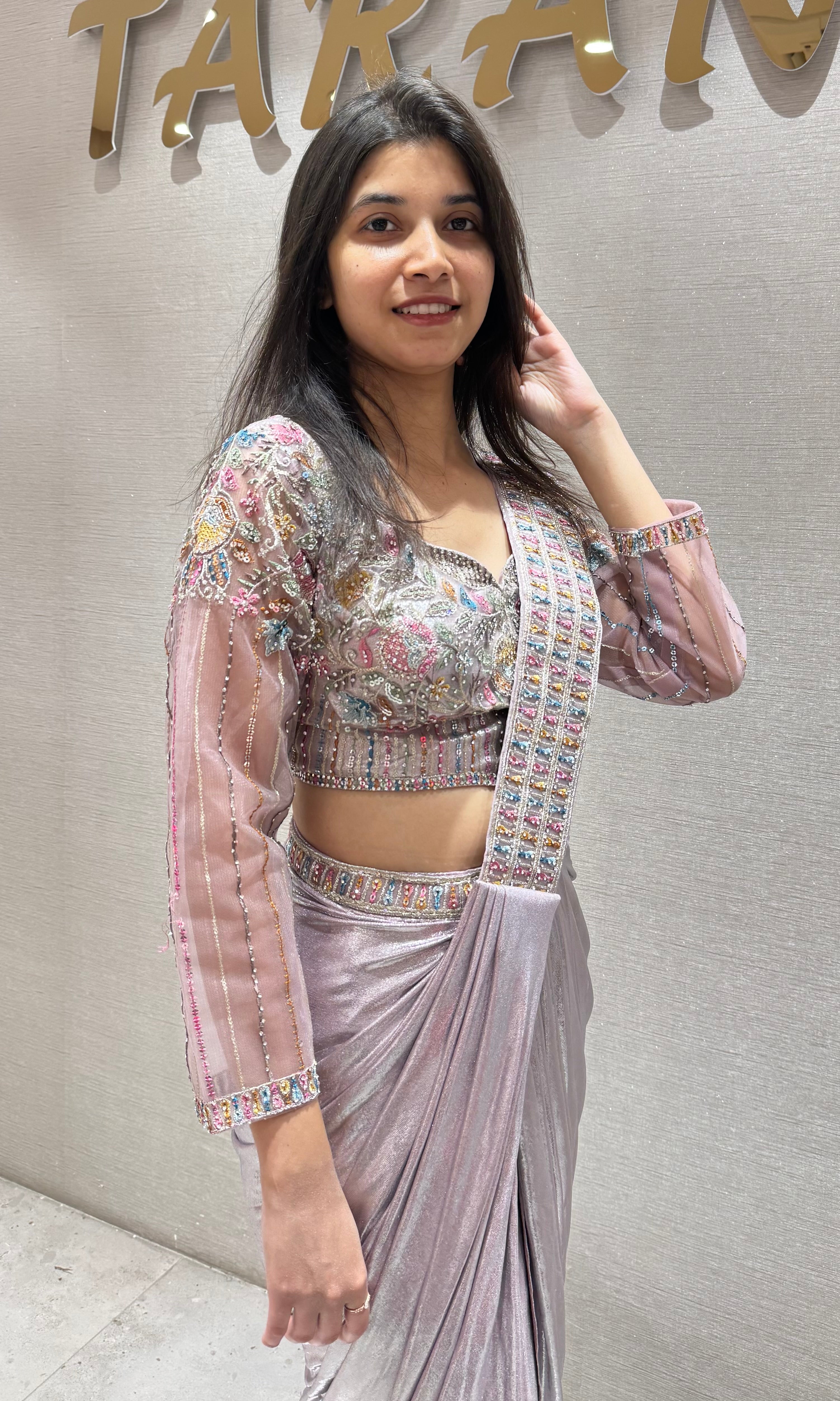 Peach Pre-Draped Metallic Shimmer Saree