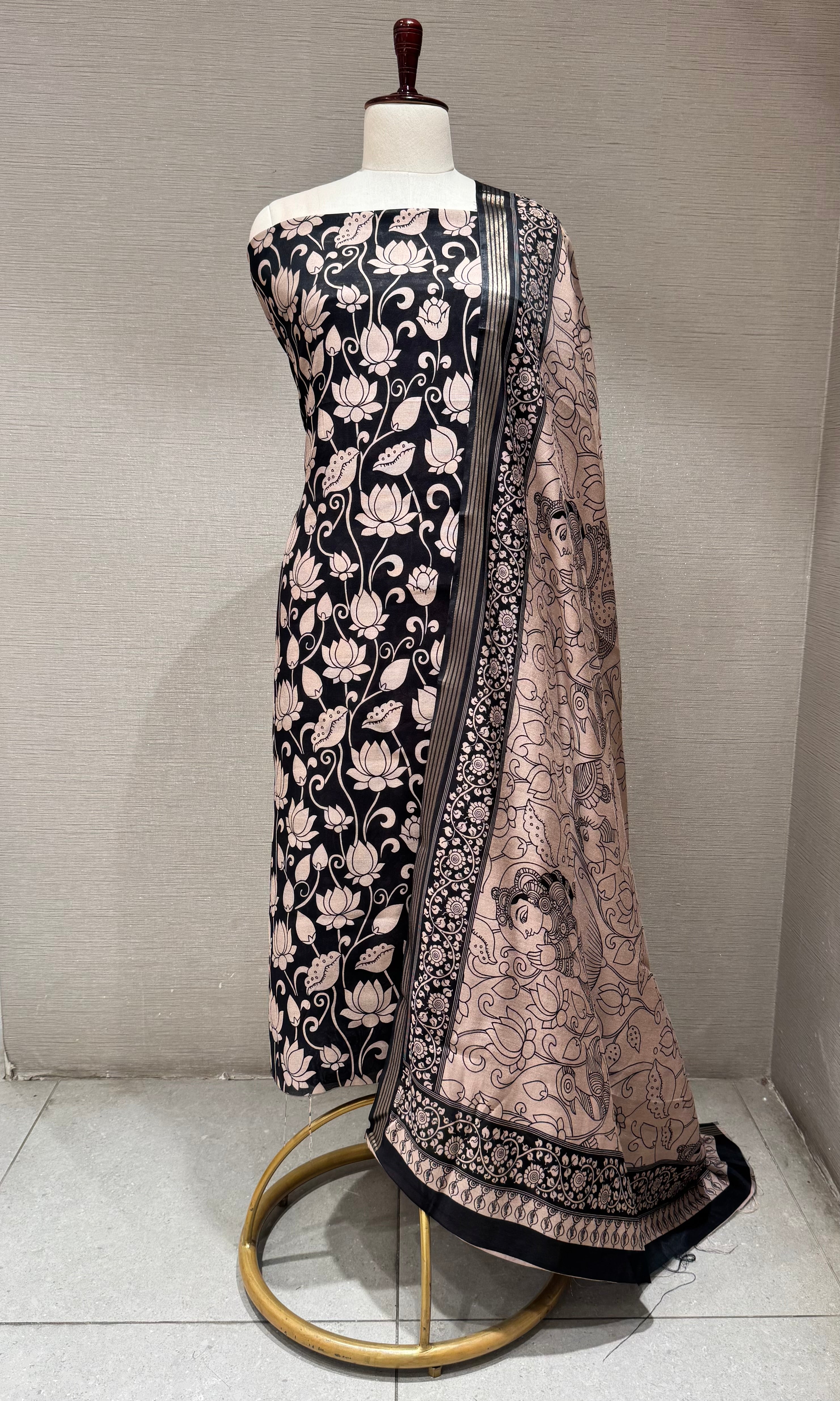 Black and Beige Floral Printed Dress material