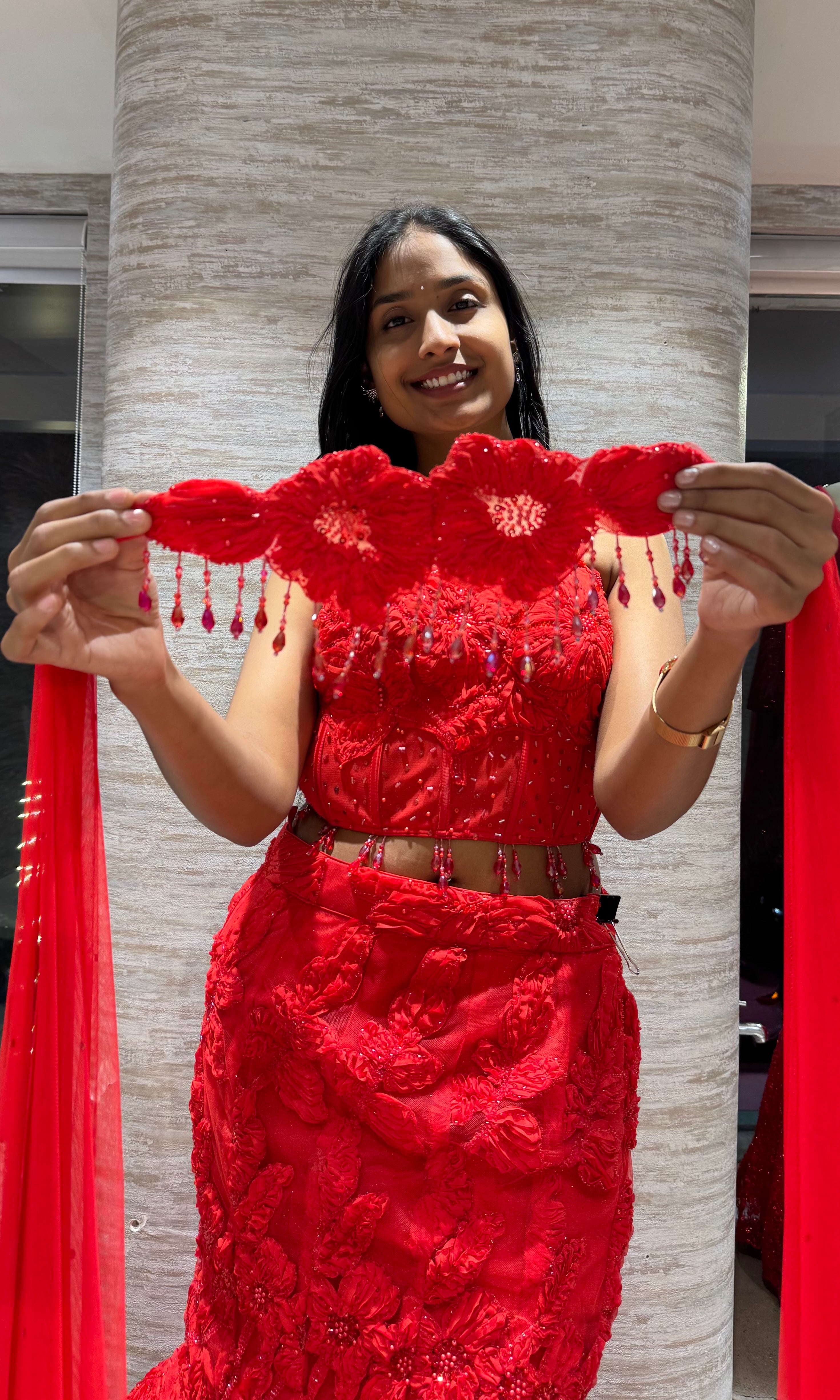 Crimson Floral Fish-Cut Lehenga