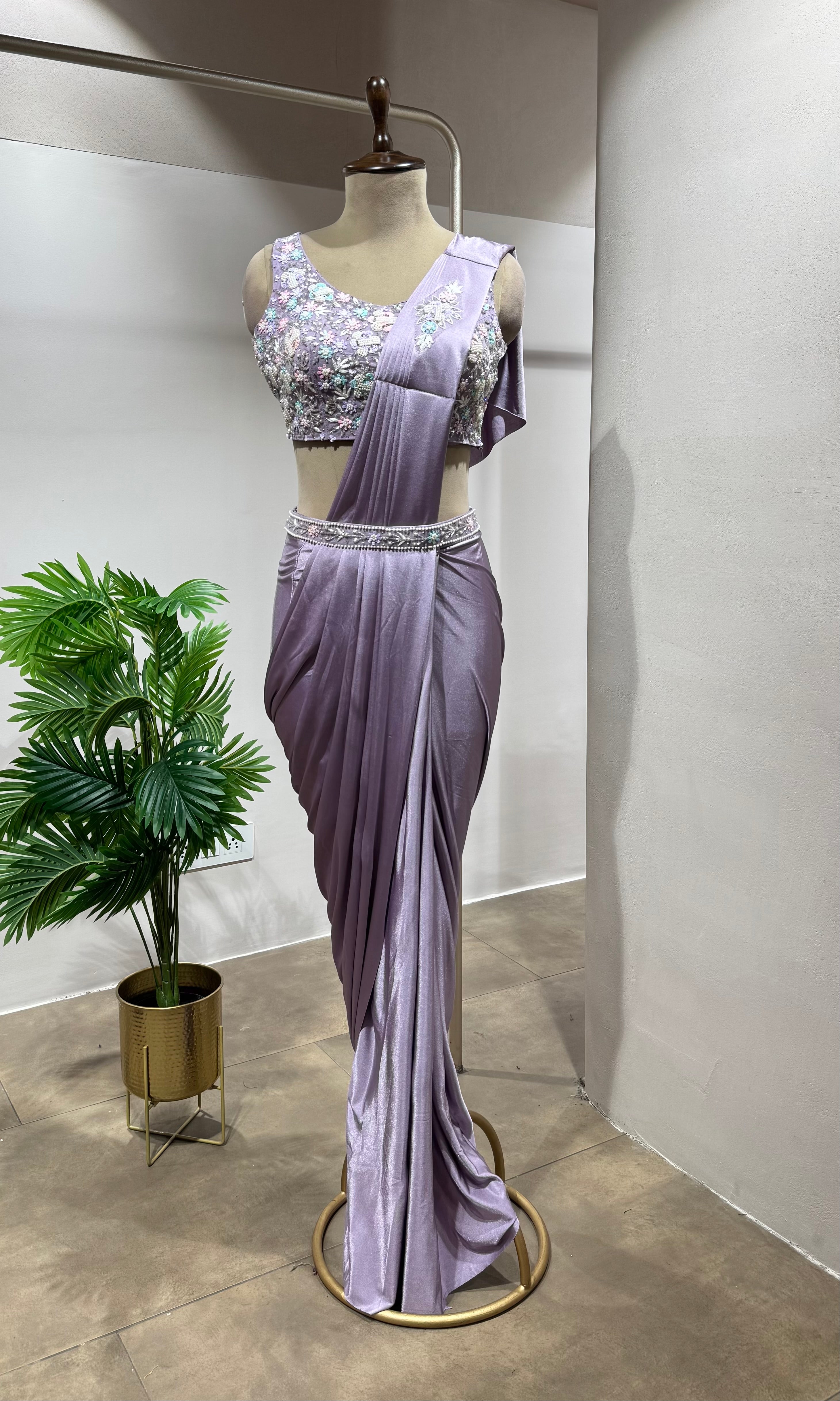 LAVENDER CRYSTAL WORK DRAPE SAREE