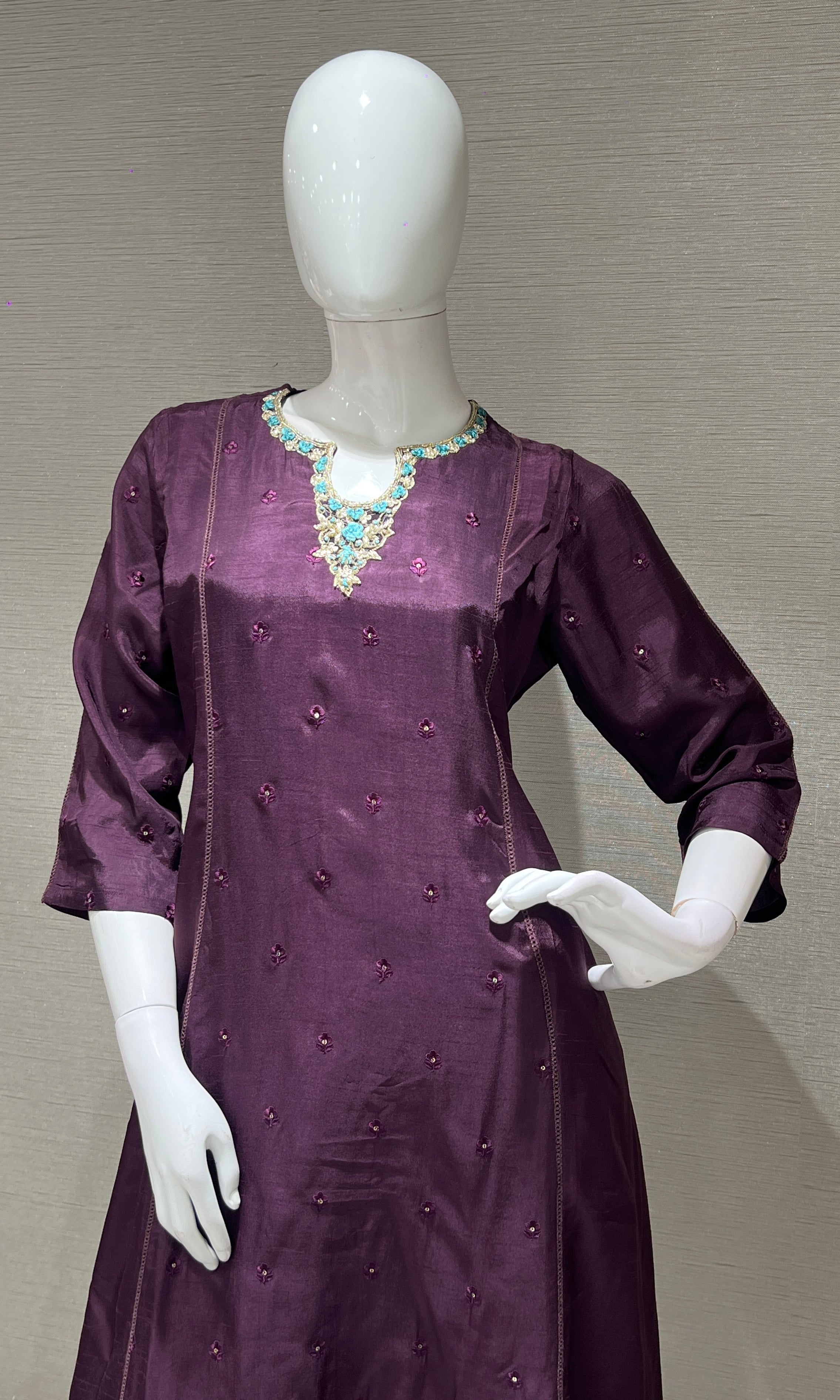 wine kurta set with floral printed dupatta