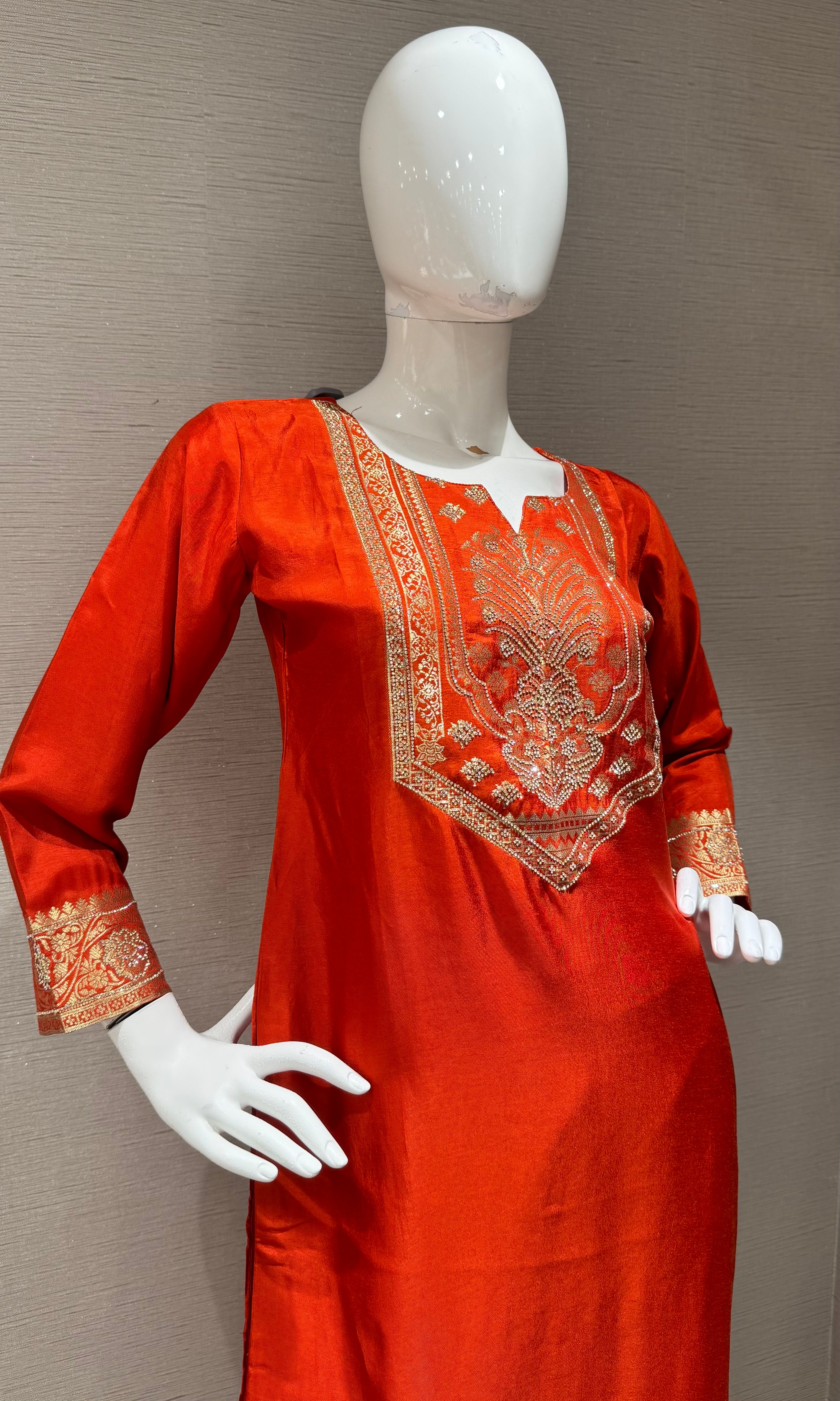 Orange Silk Blend Ethnic Kurta set