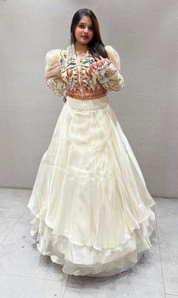 Pearl white cream gold lehenga designer blouse
