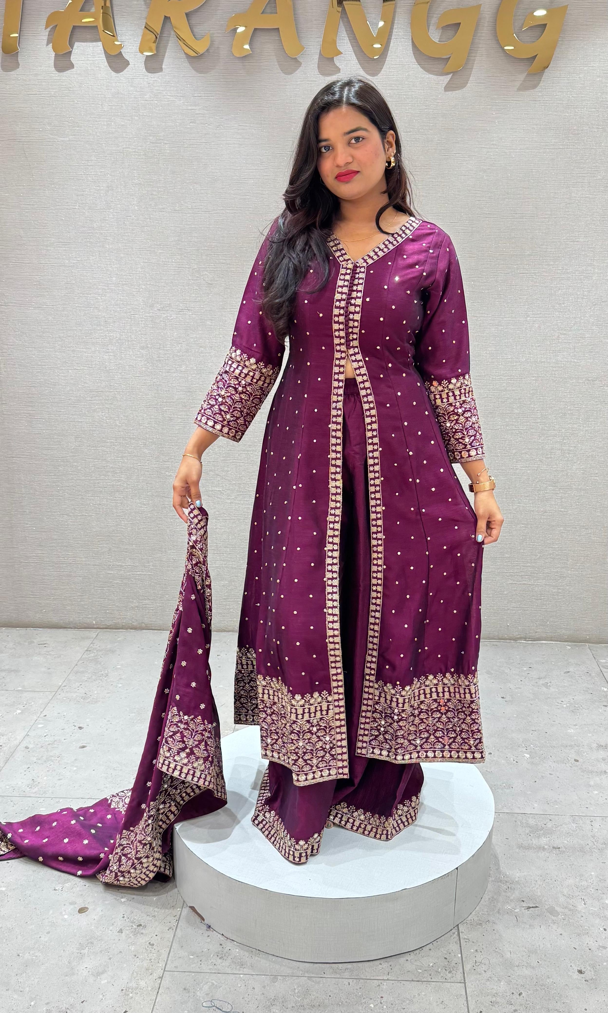 Wine FRONT SLIT EMBROIDERED ANARKALI