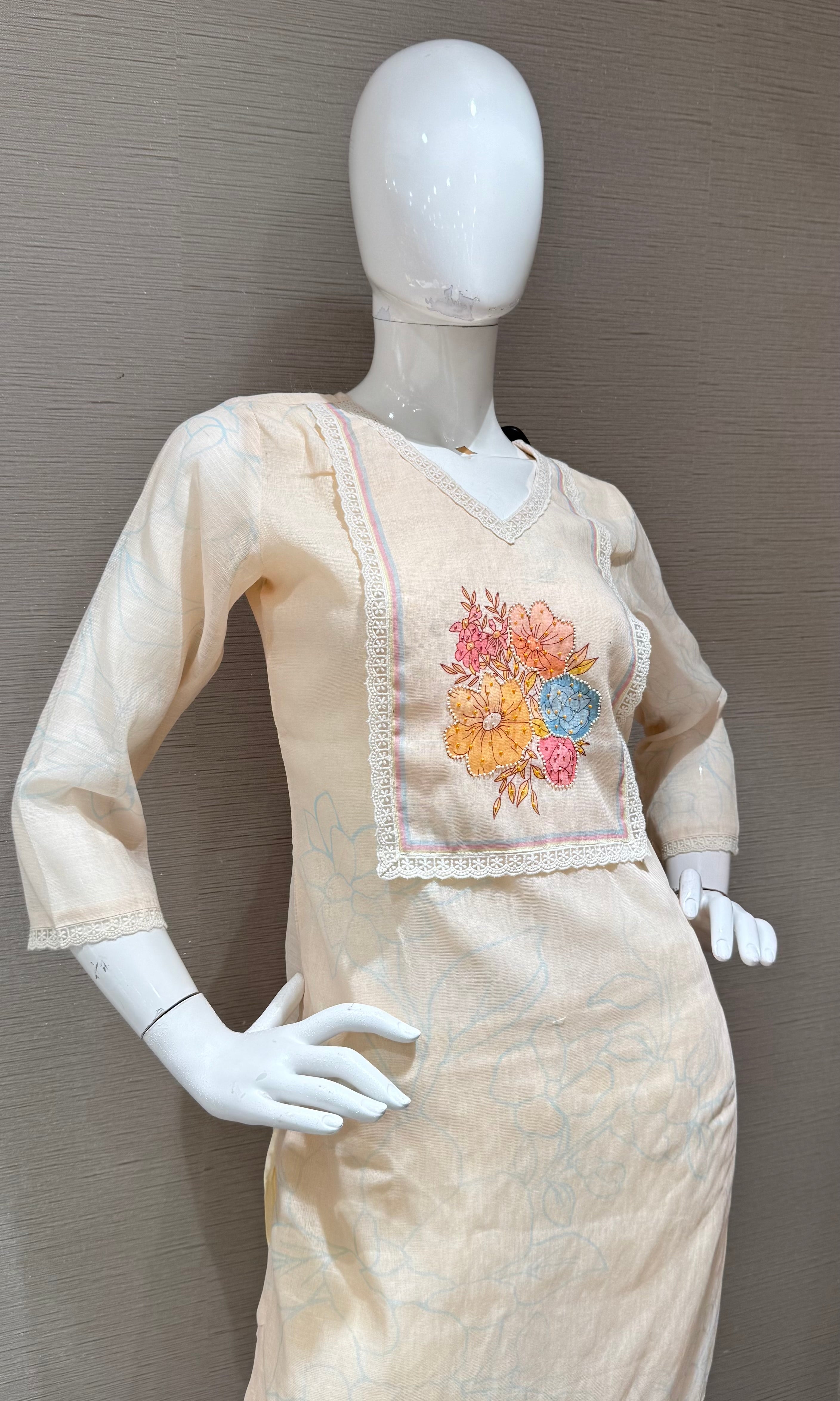 Peach Straight Kurta Set with Multicolor Pastel Panel dupatta
