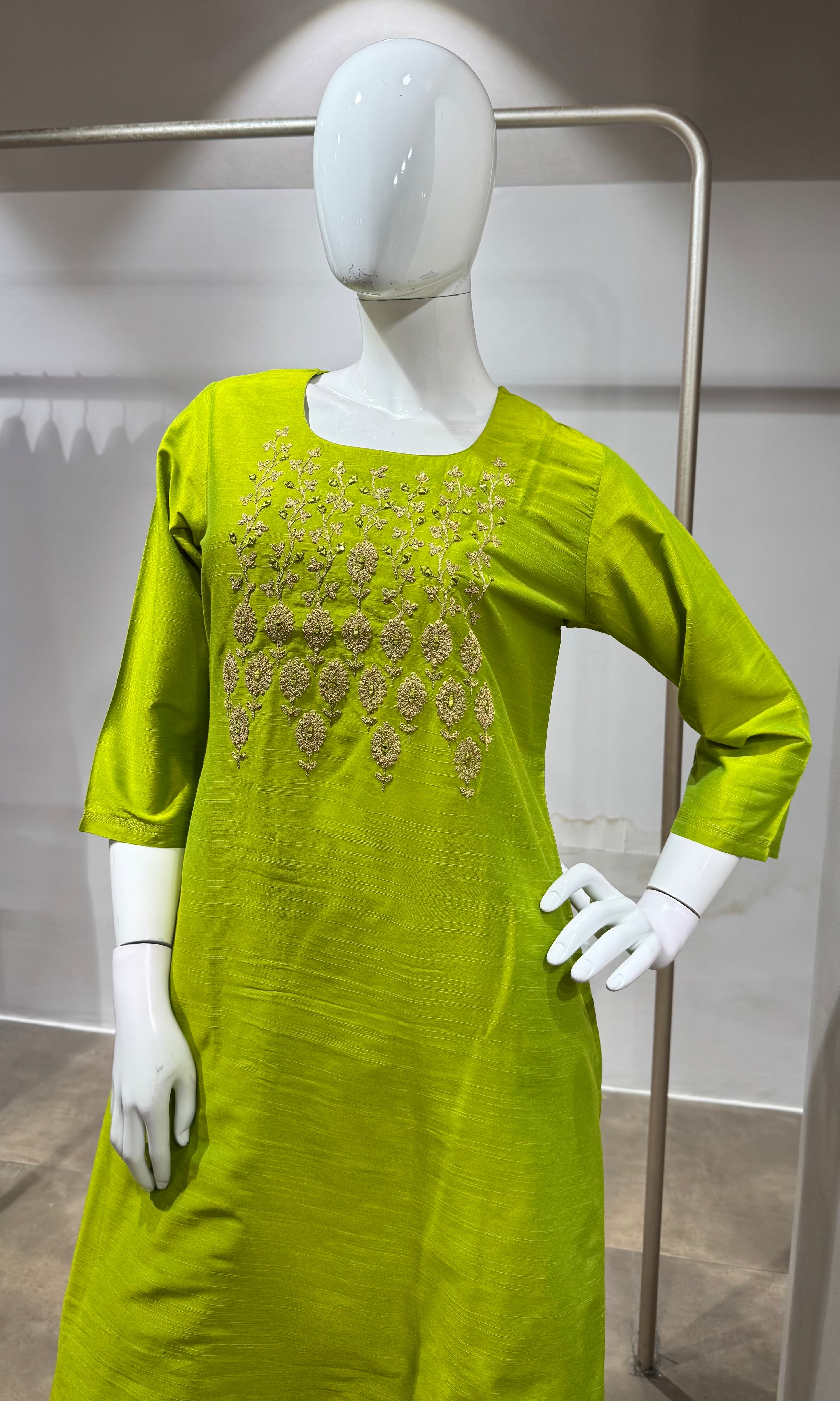 Lime Green Embroidered Silk Kurta set
