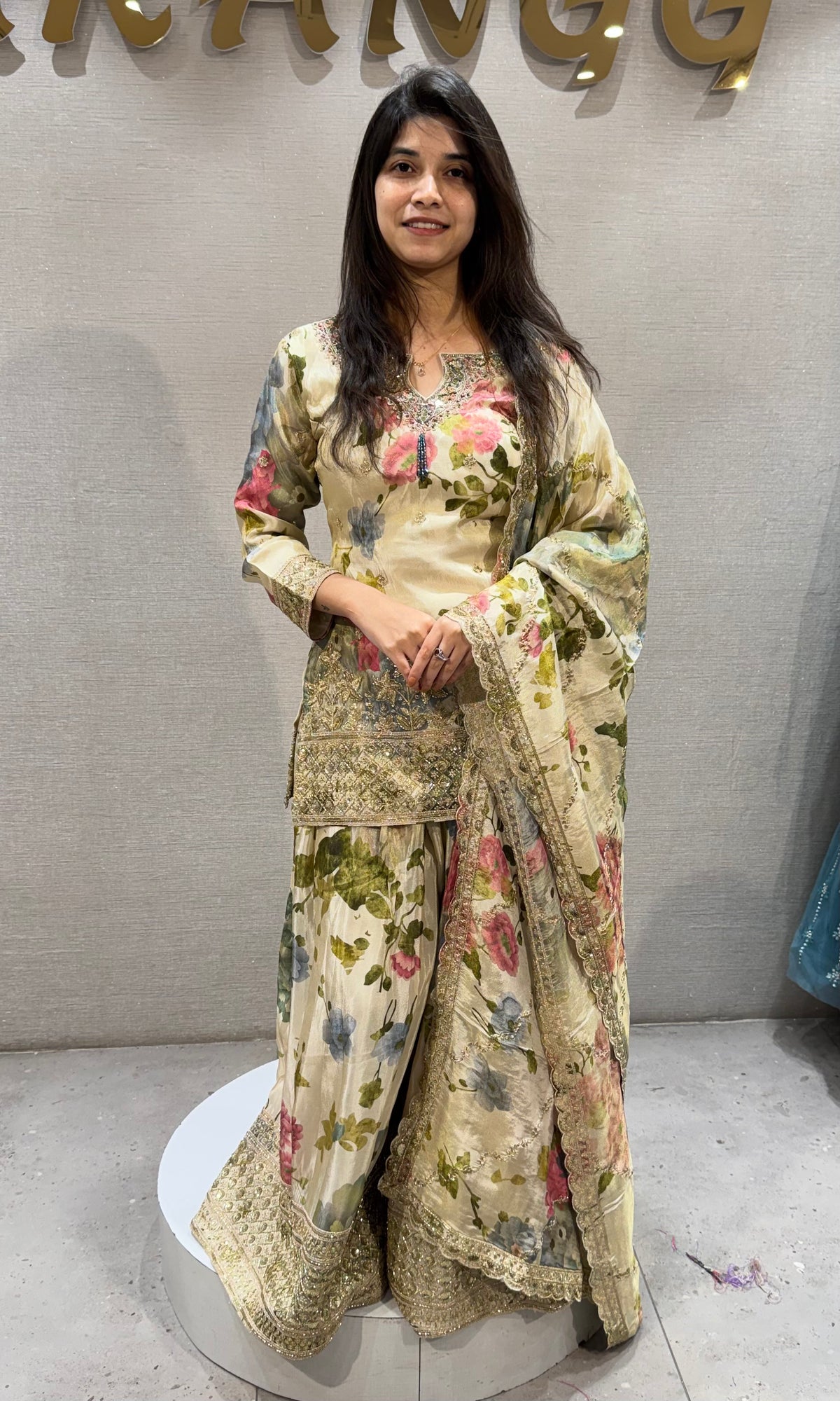 cream silk organza Floral Printed palazzo Set with dupatta