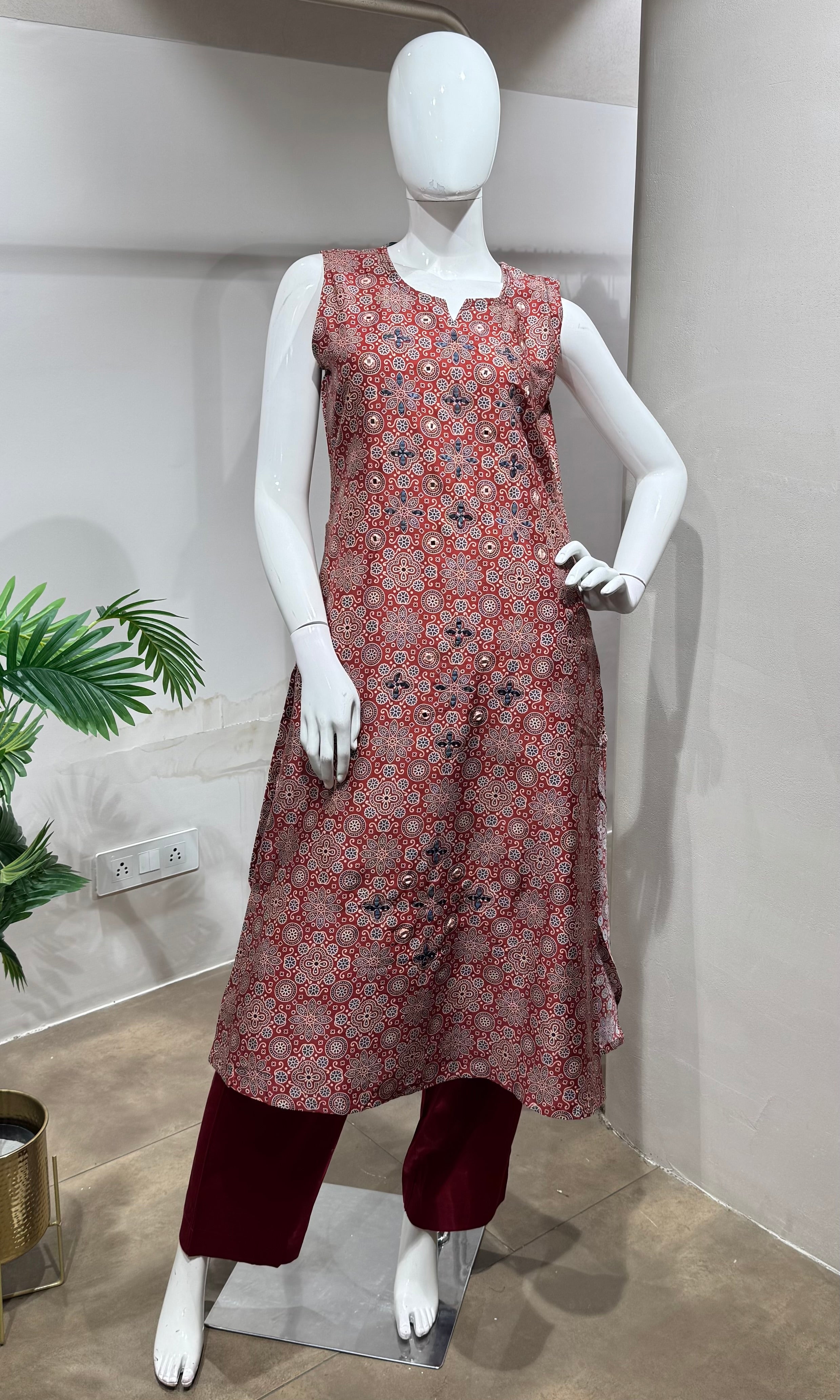 Maroon printed a line kurti with bottom