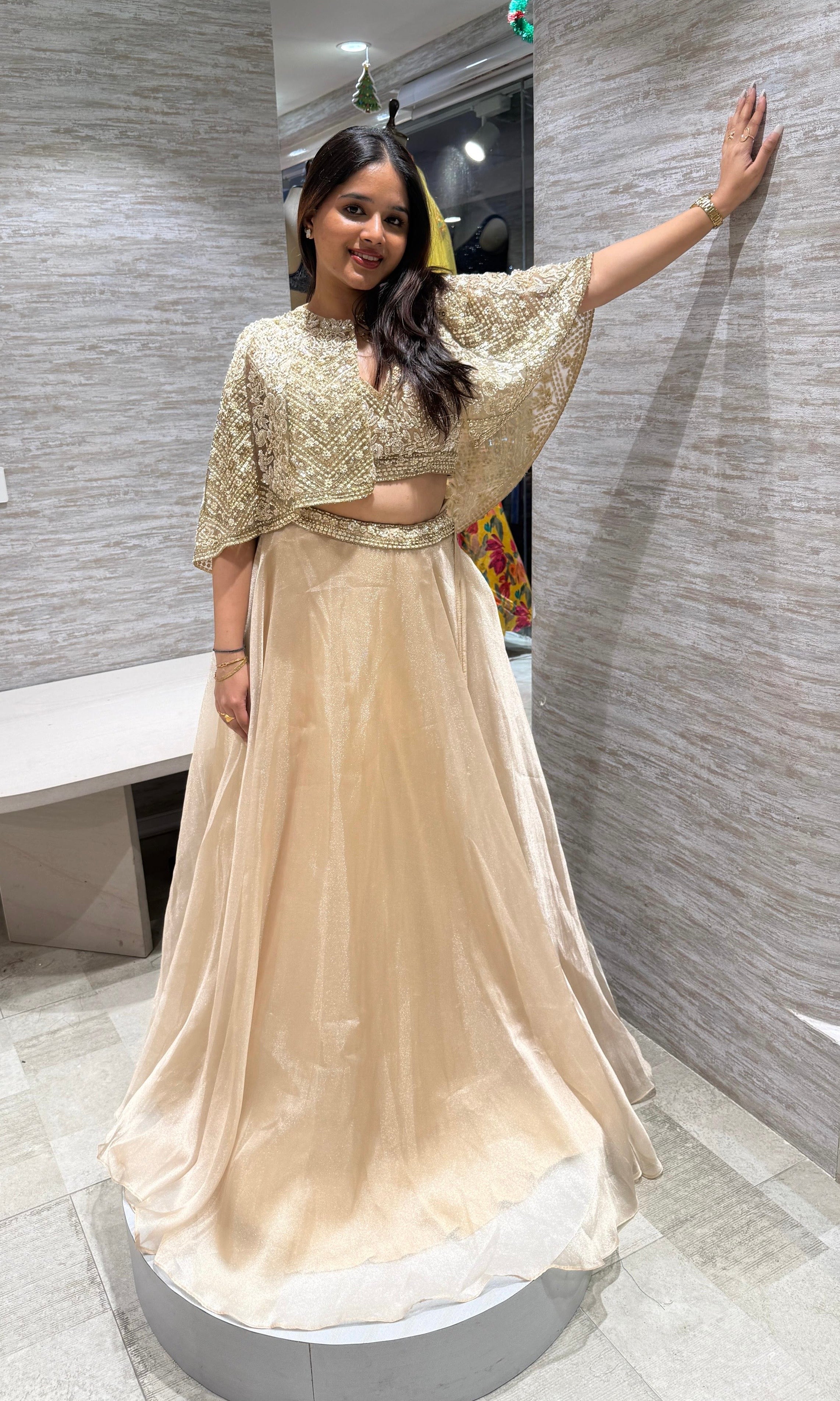 GOLD TISSUE LEHENGA WITH CAPE