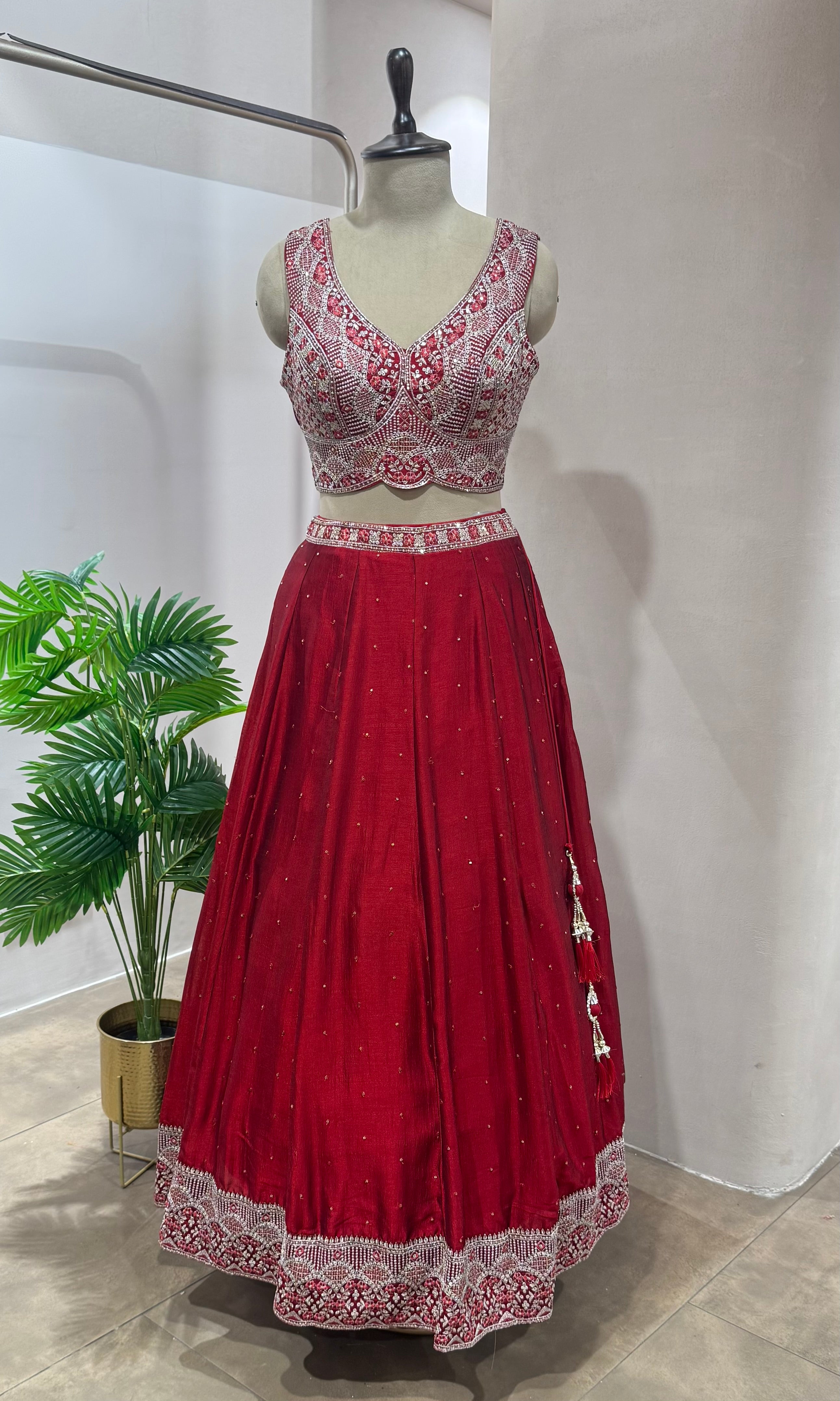 Maroon embroidered Lehenga with dupatta