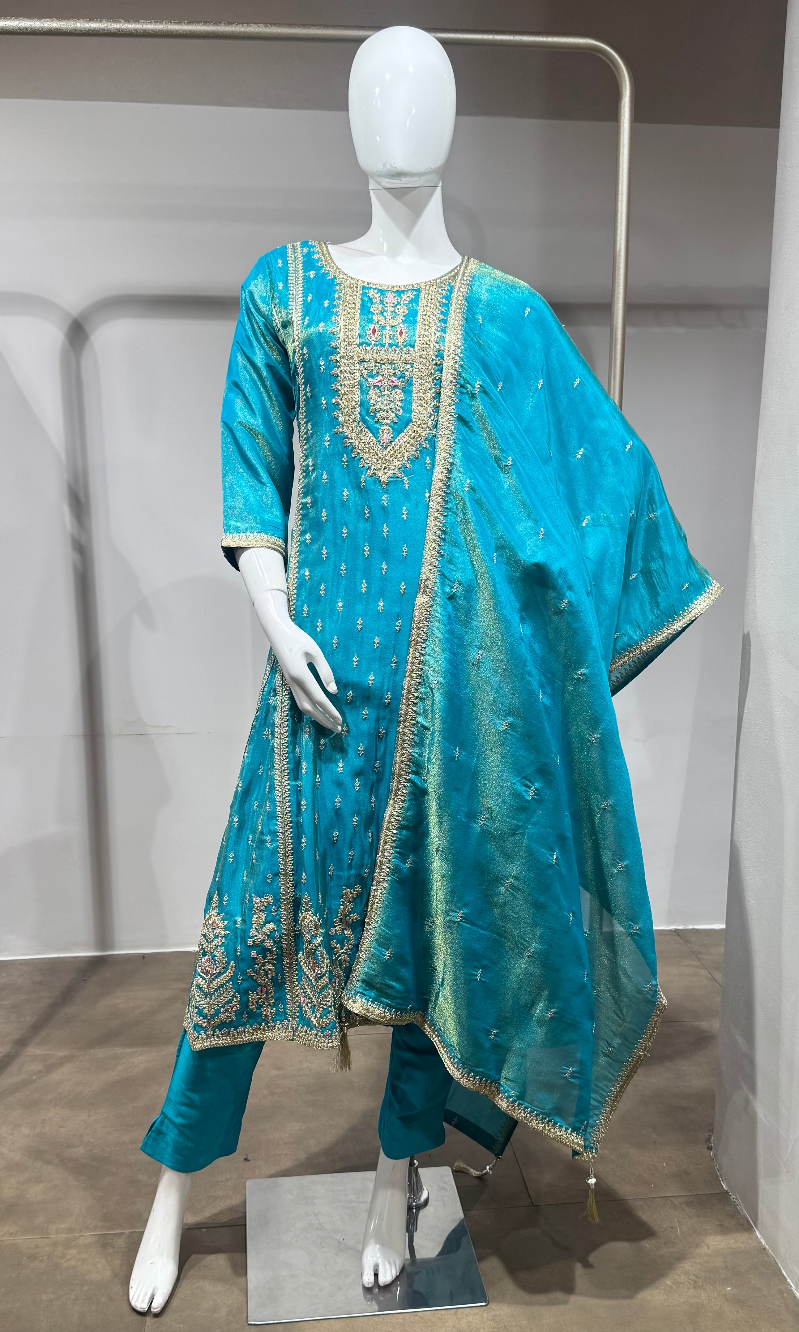 Blue golden embroidered kurta set