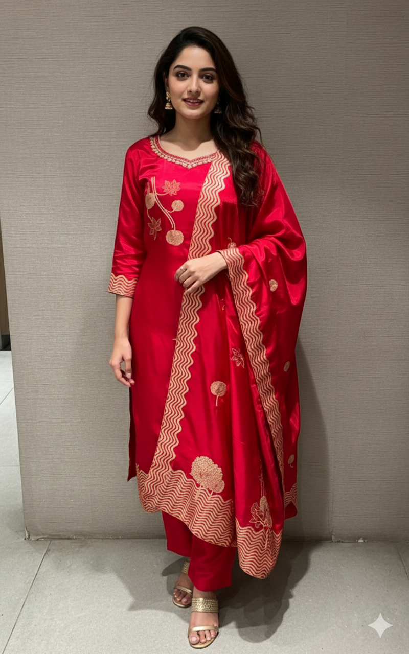 RANI PINK Golden Embroidered KURTA SET