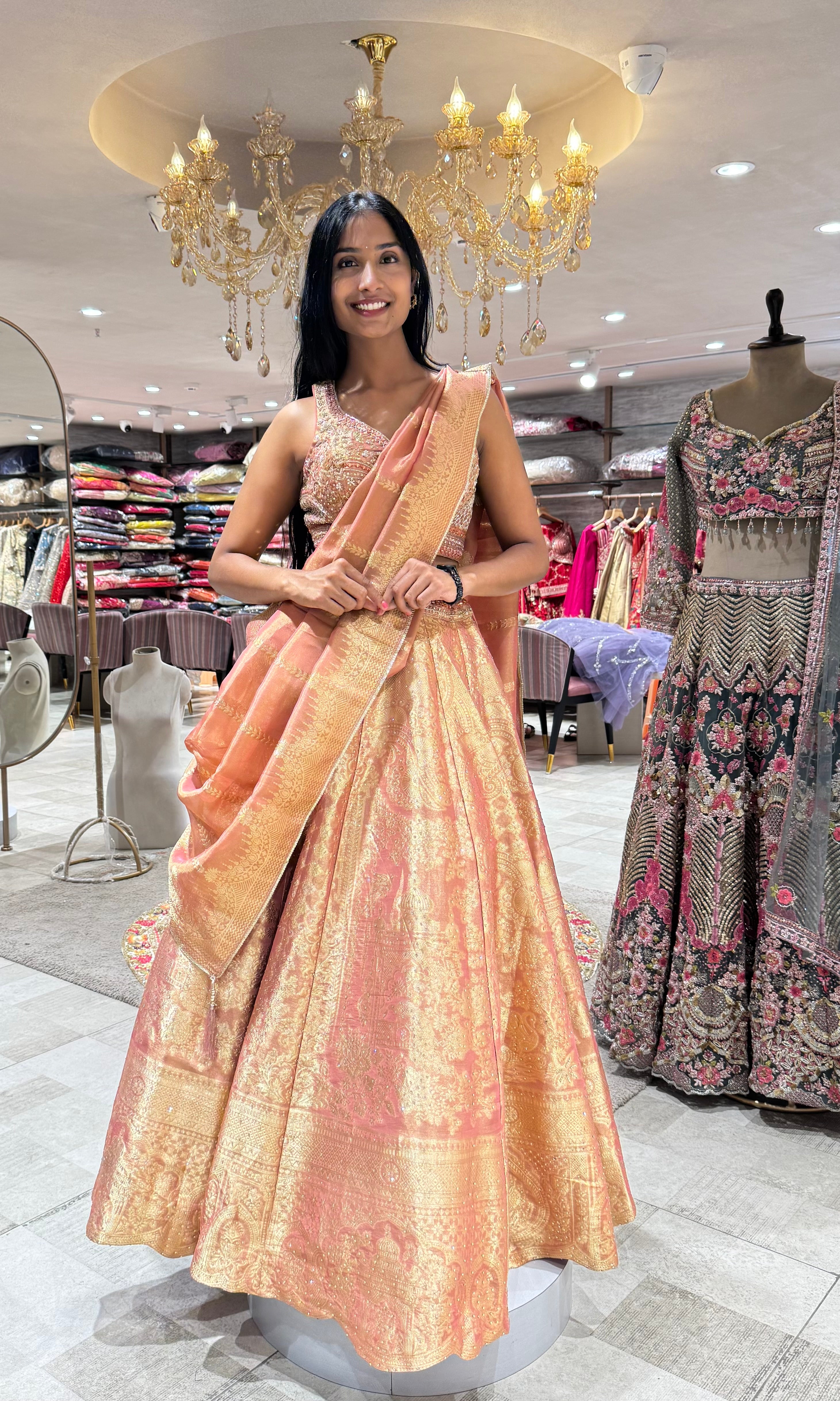 Peach Tissue Lehenga with Embroidered Corset Style