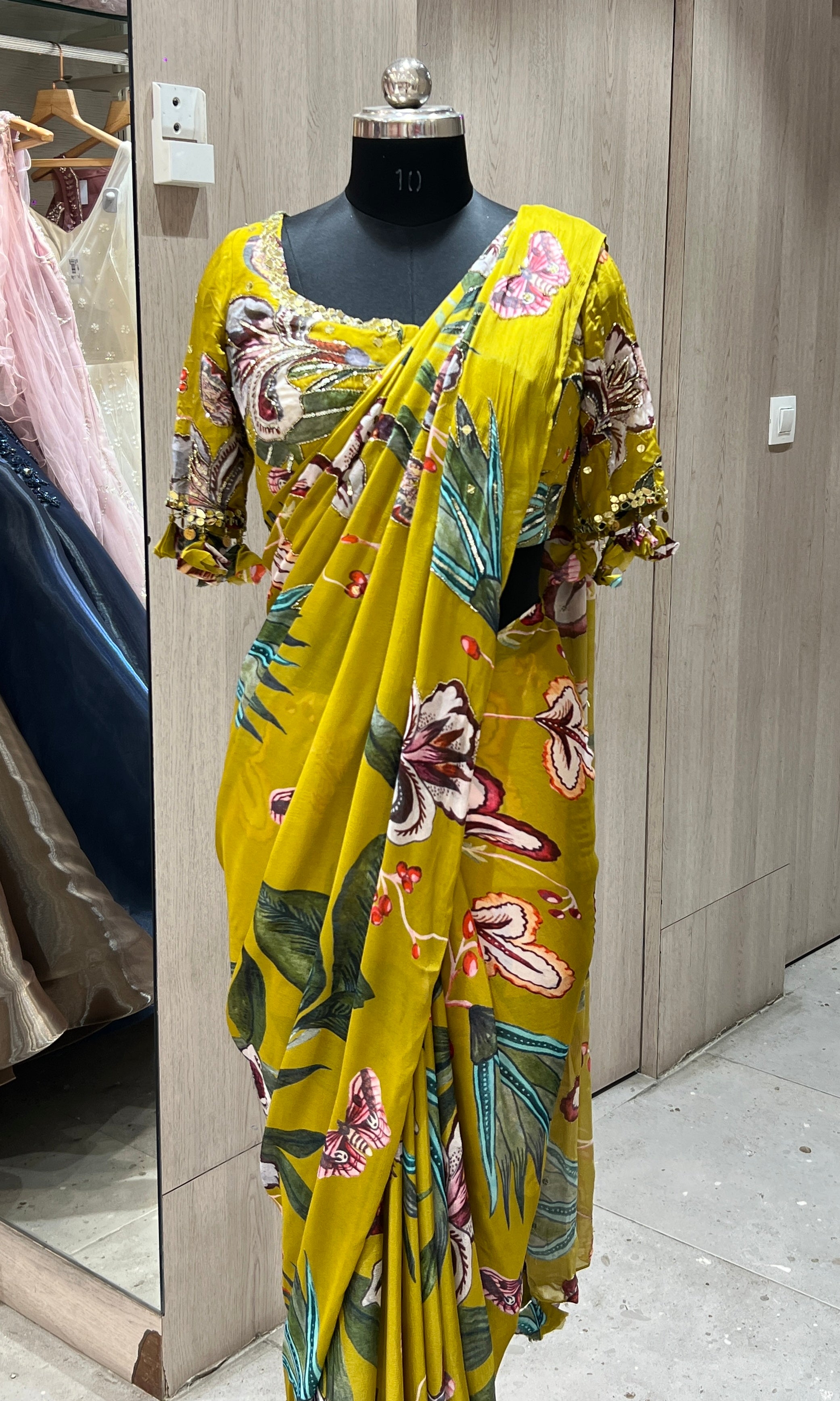 green floral saree with ready blouse