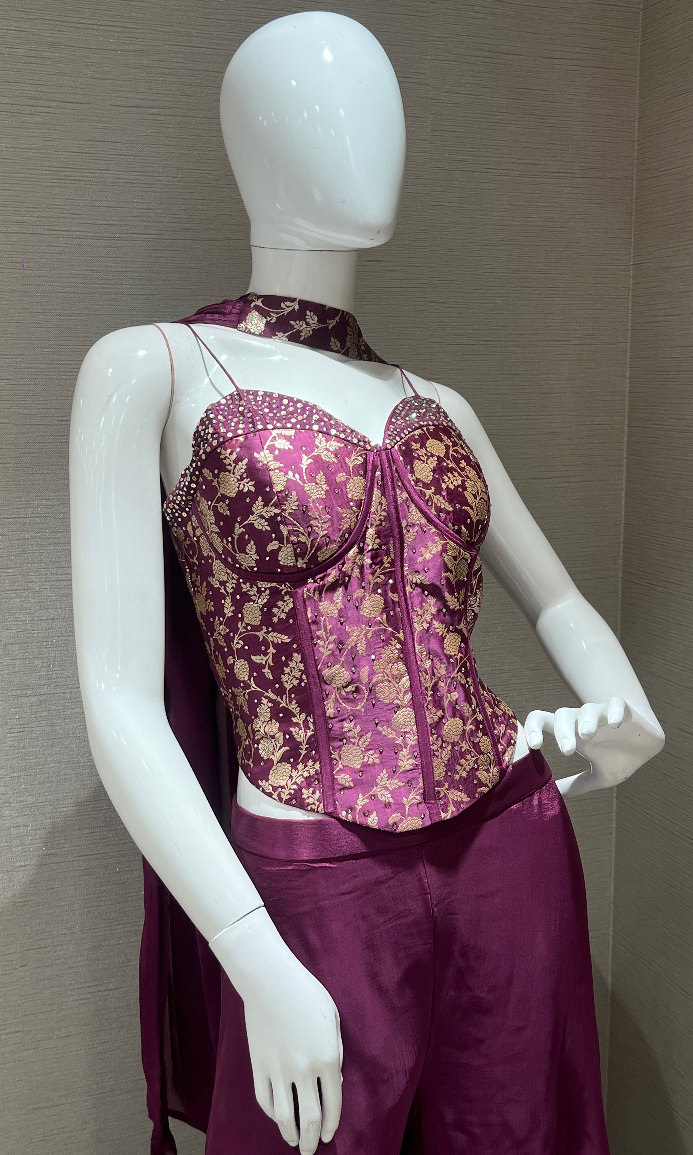 Wine Embroidered Corset Palazzo