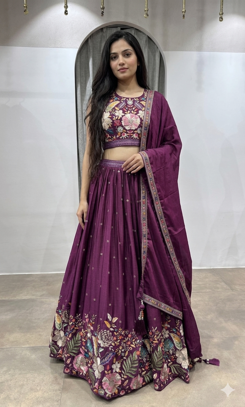 WINE FLORAL EMBROIDERED LEHENGA SET