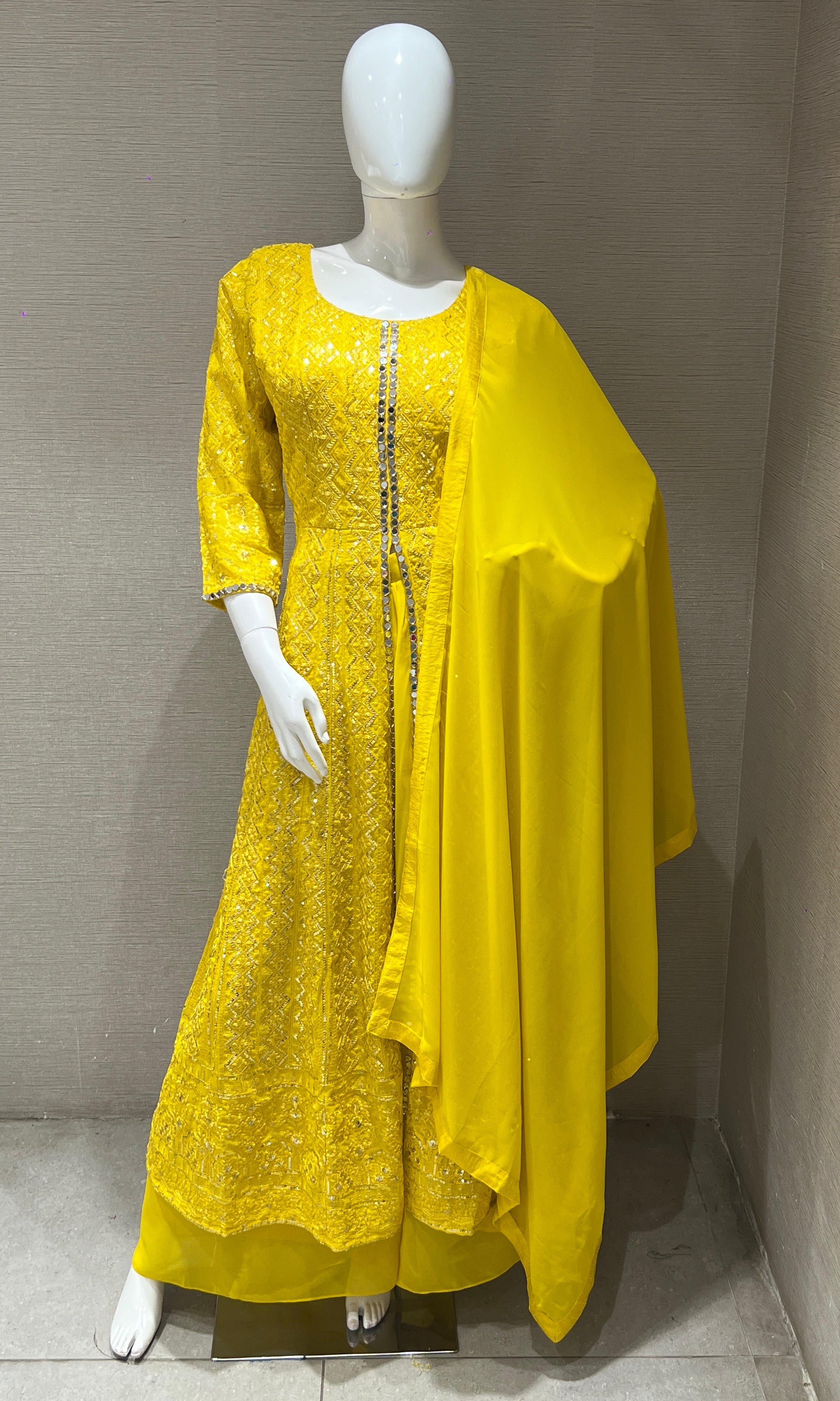 Yellow front slit Anarkali with palazzo pants