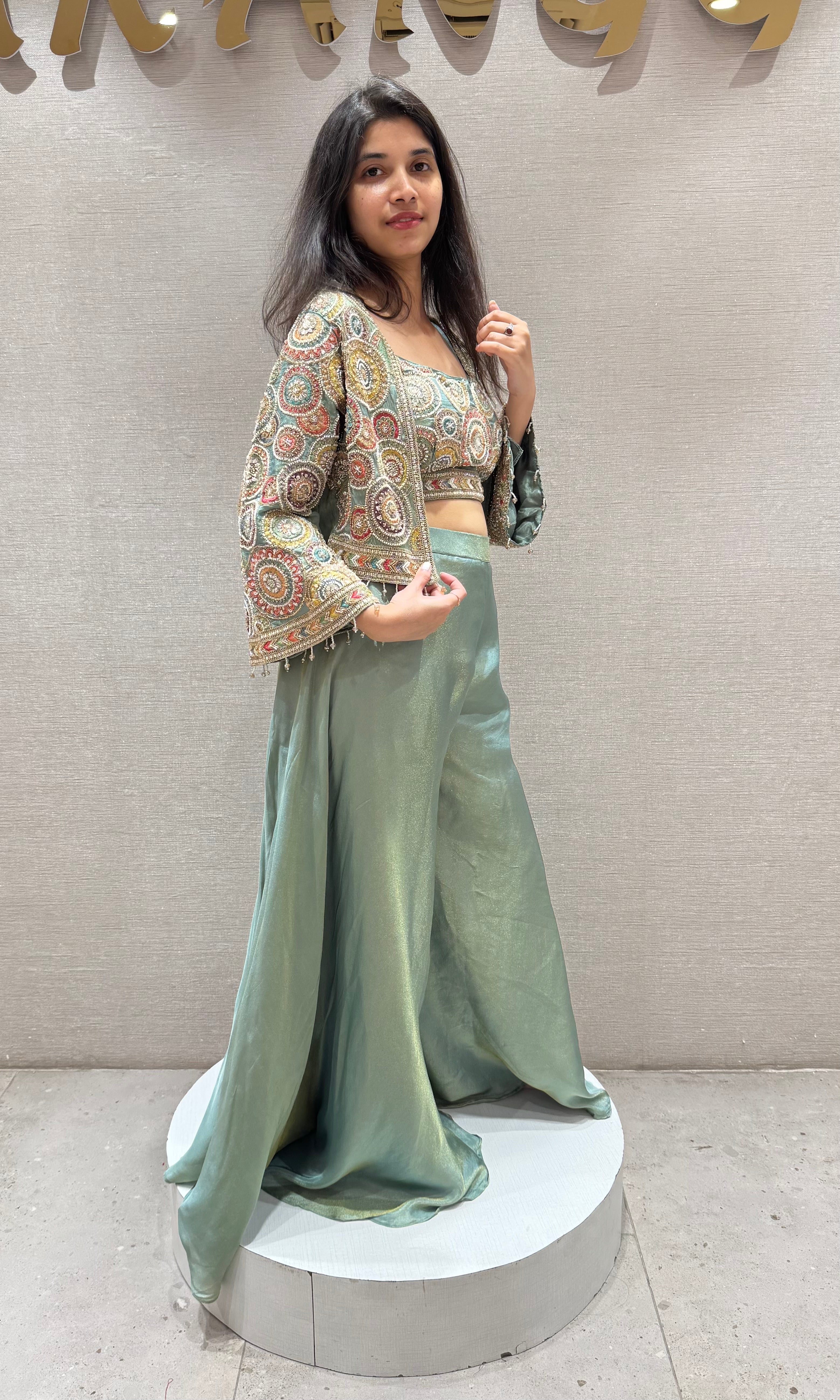 Green EMBROIDERED palazzo WITH JACKET