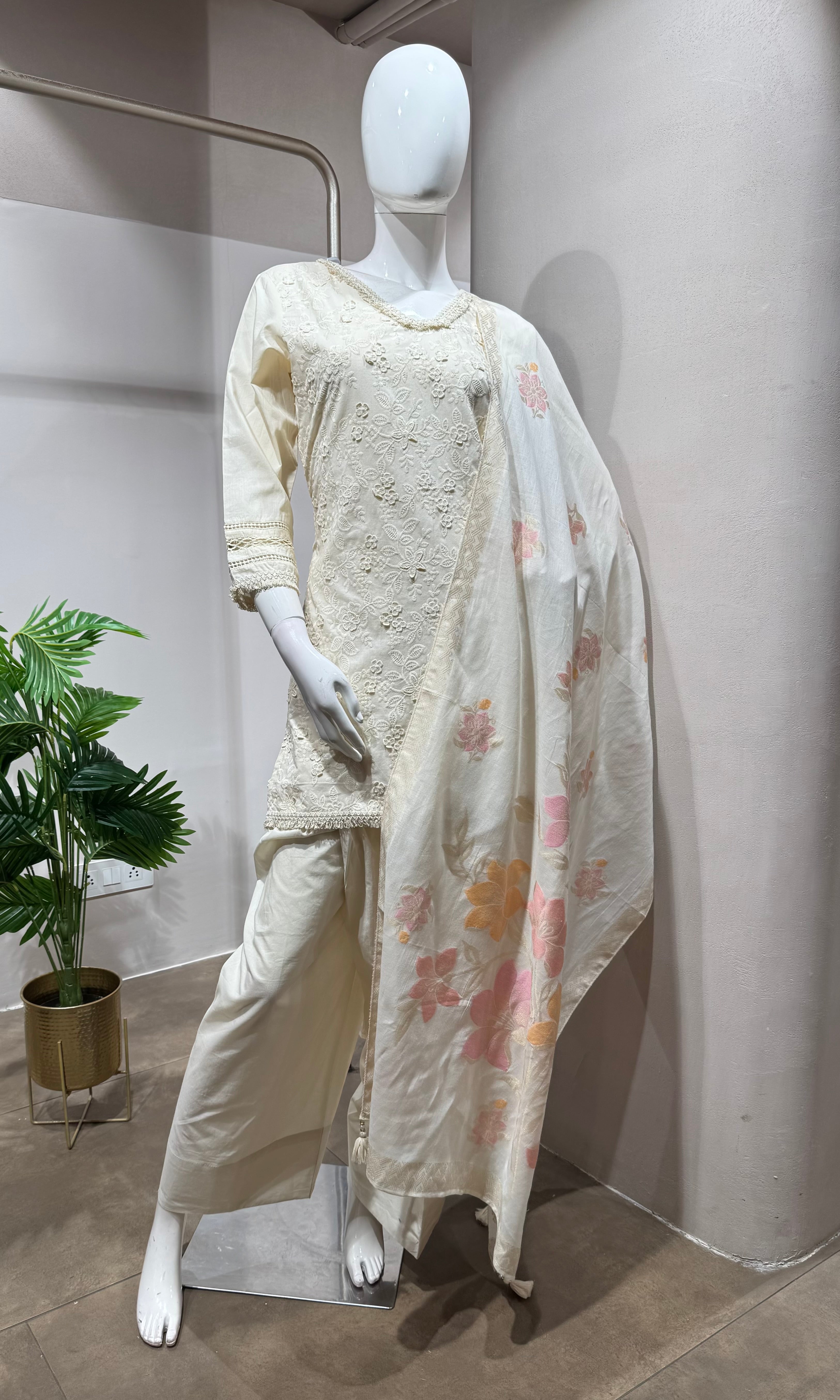 Cream embroidered kurti with floral dupatta