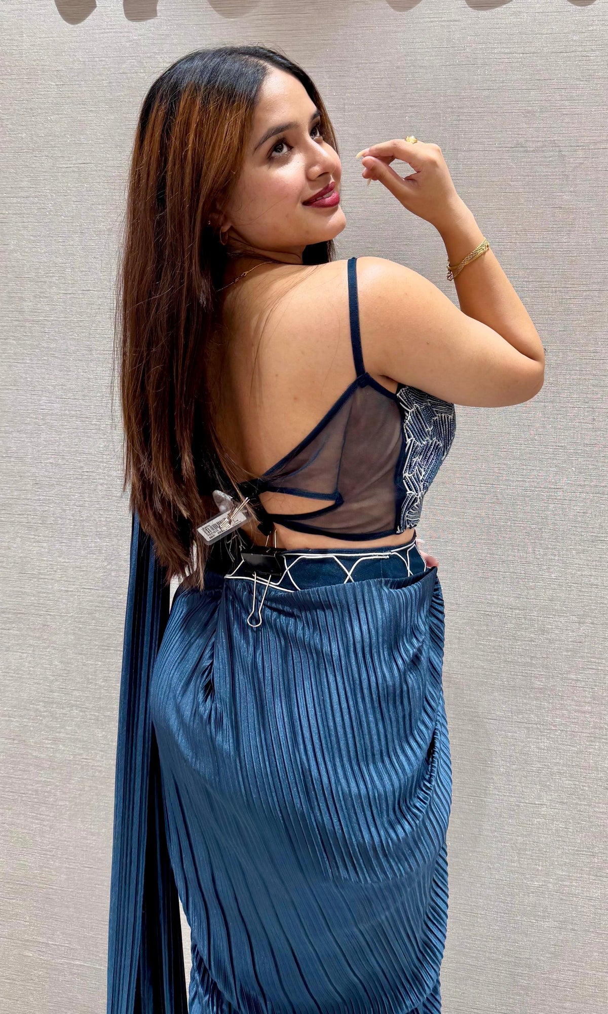 Peacock blue drape saree with Cape