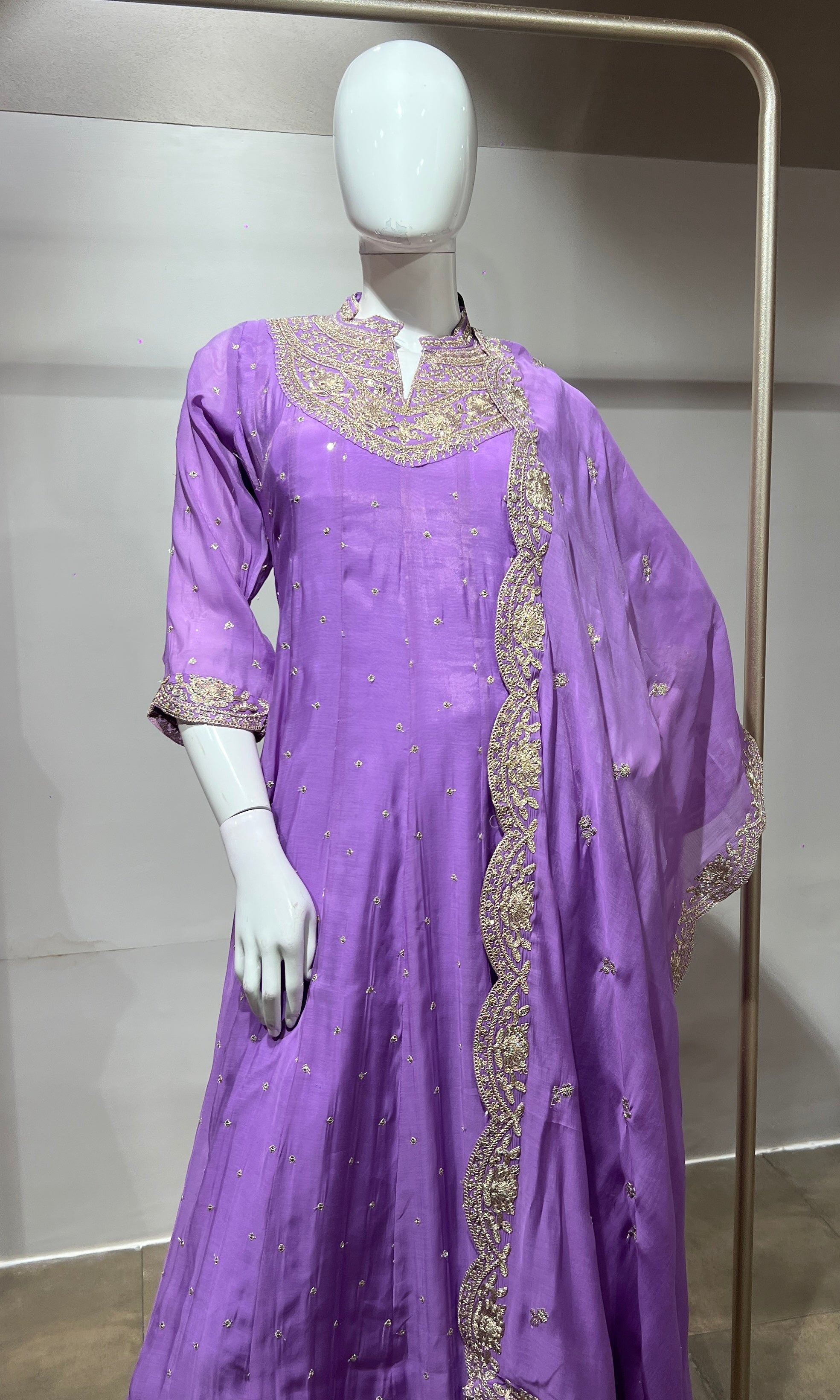 Lavender Silk Anarkali Suit Set with Scallop Dupatta