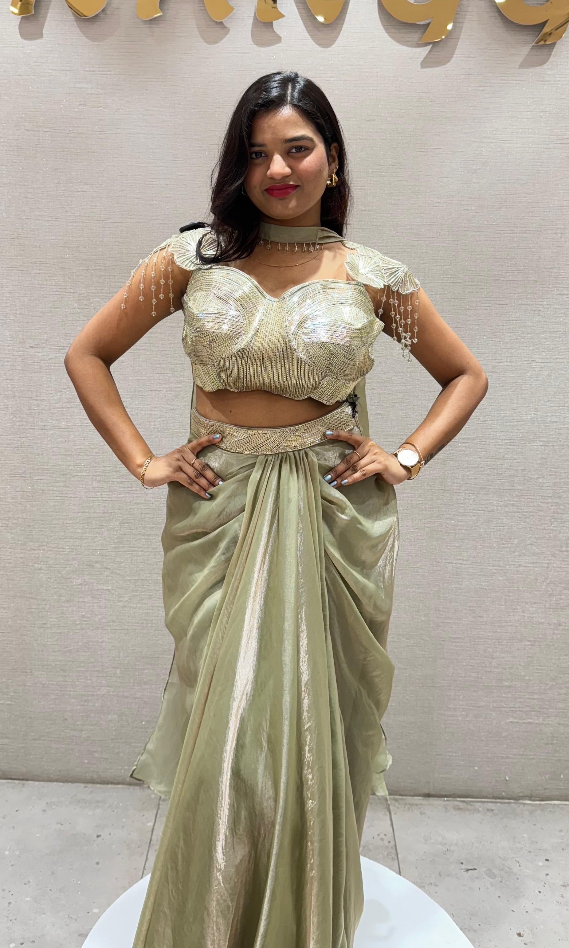 GREEN draped SKIRT with embellished blouse