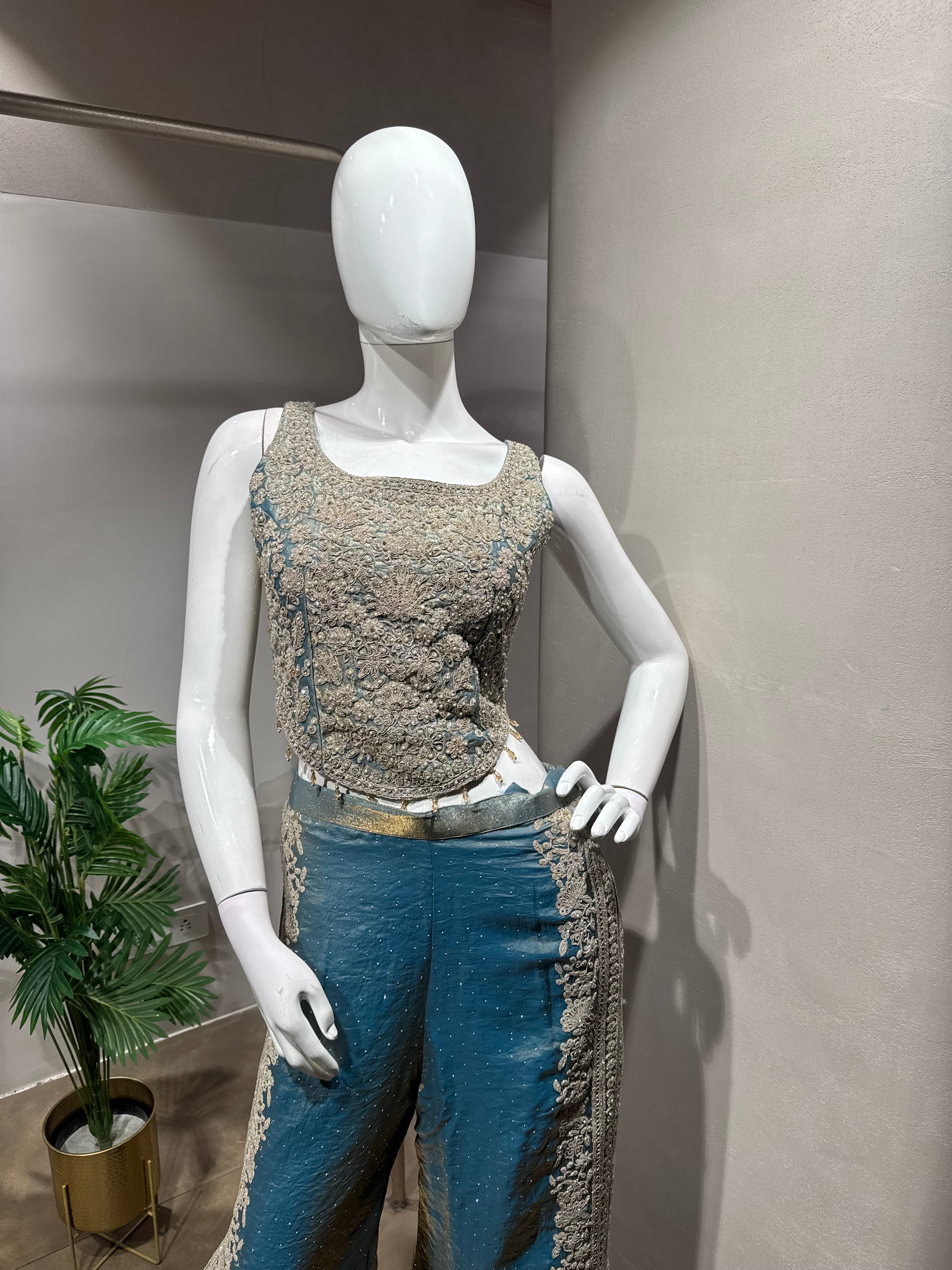 Blue golden Embroidered Tissue palazzo Set