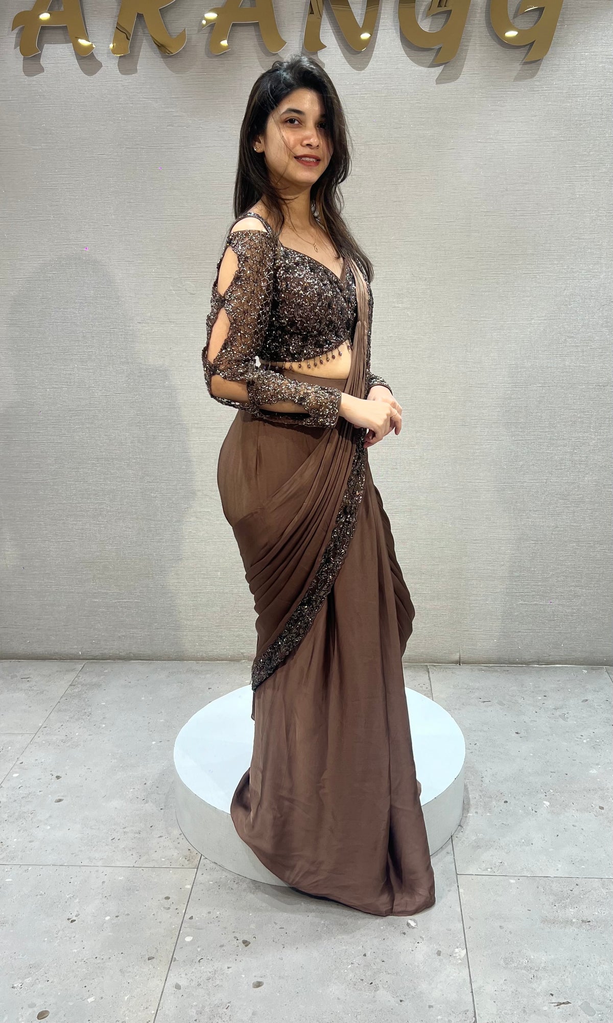 Chocolate Brown Draped Satin Saree Set