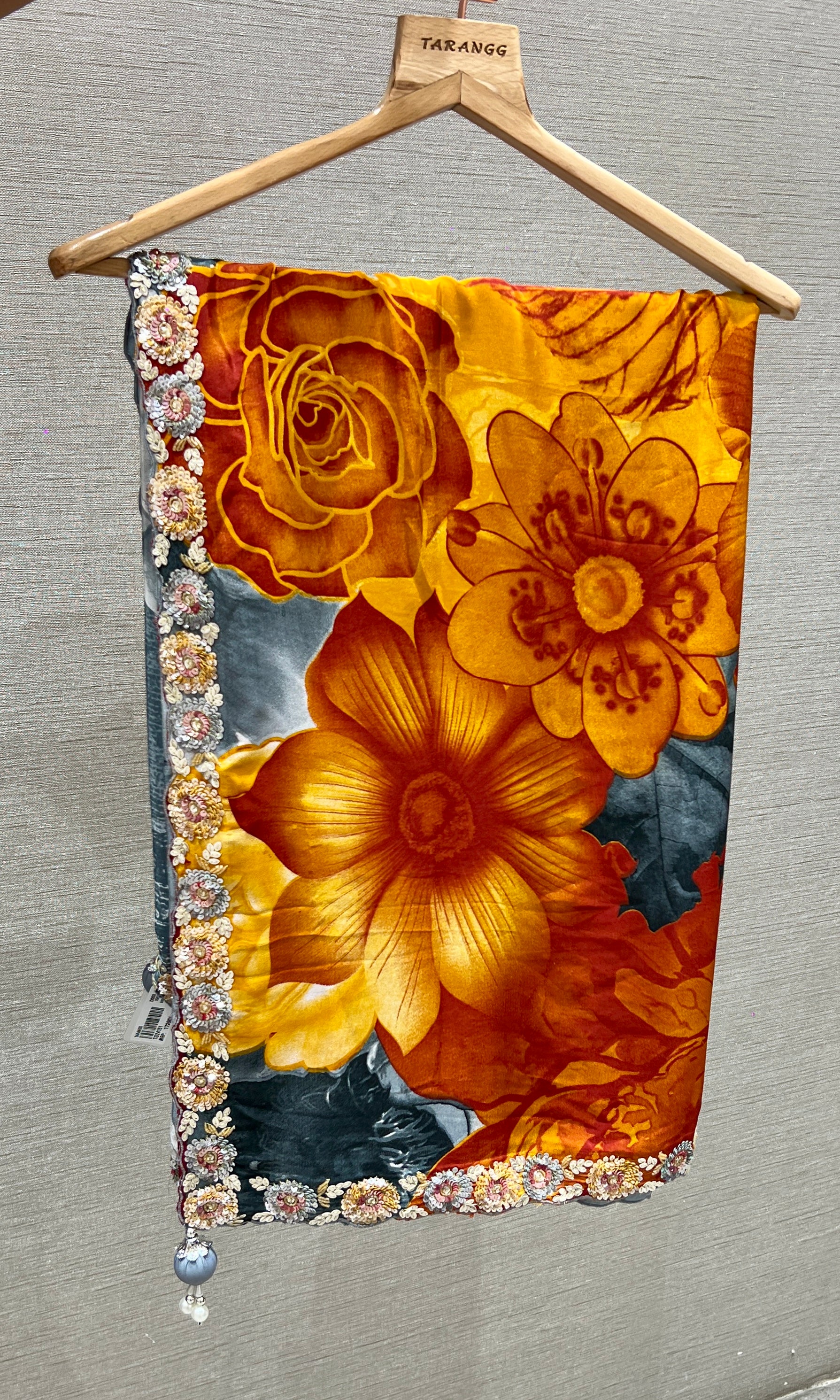 Grey floral saree with embroidery ready blouse