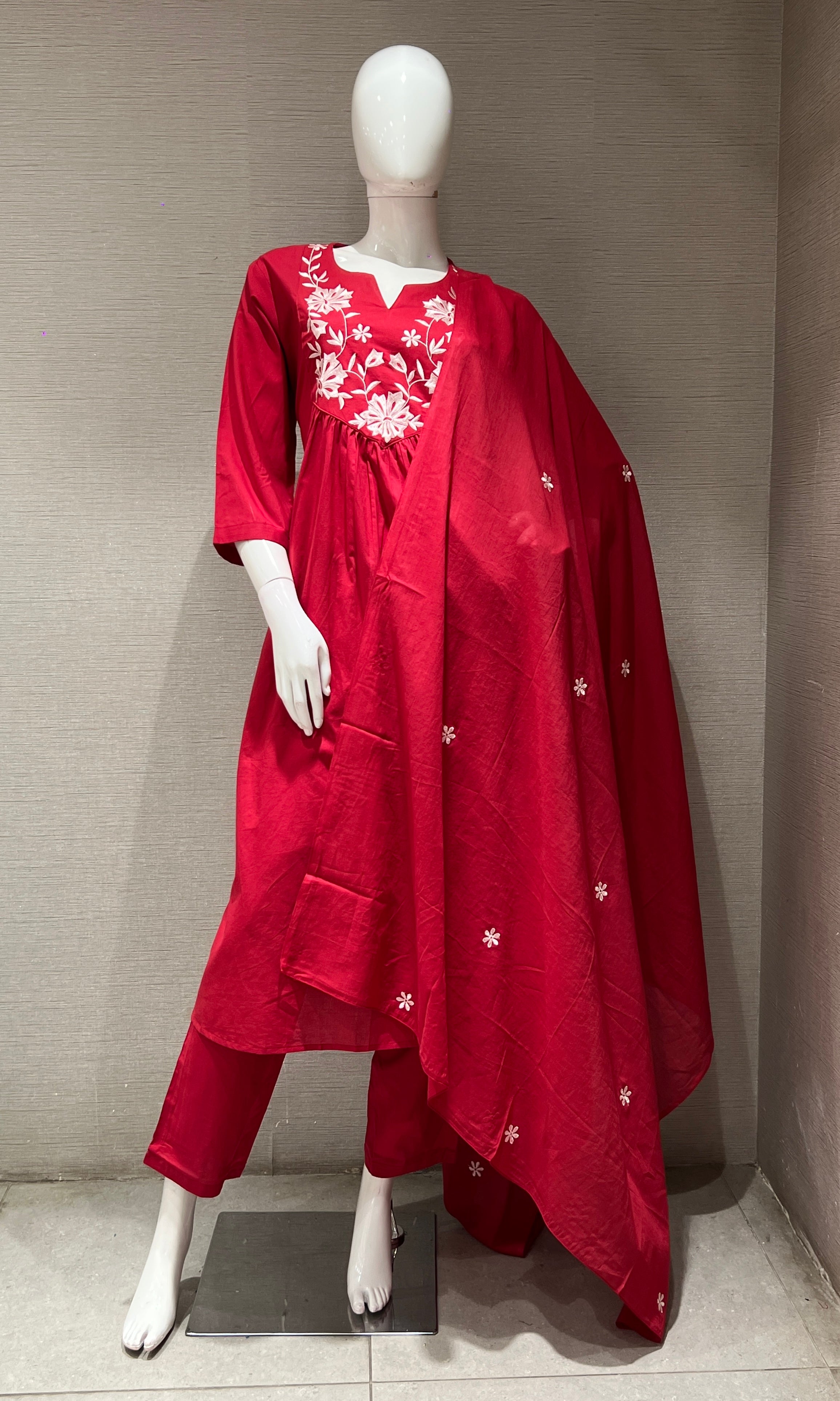 RED FLORAL mul chanderi kurta set