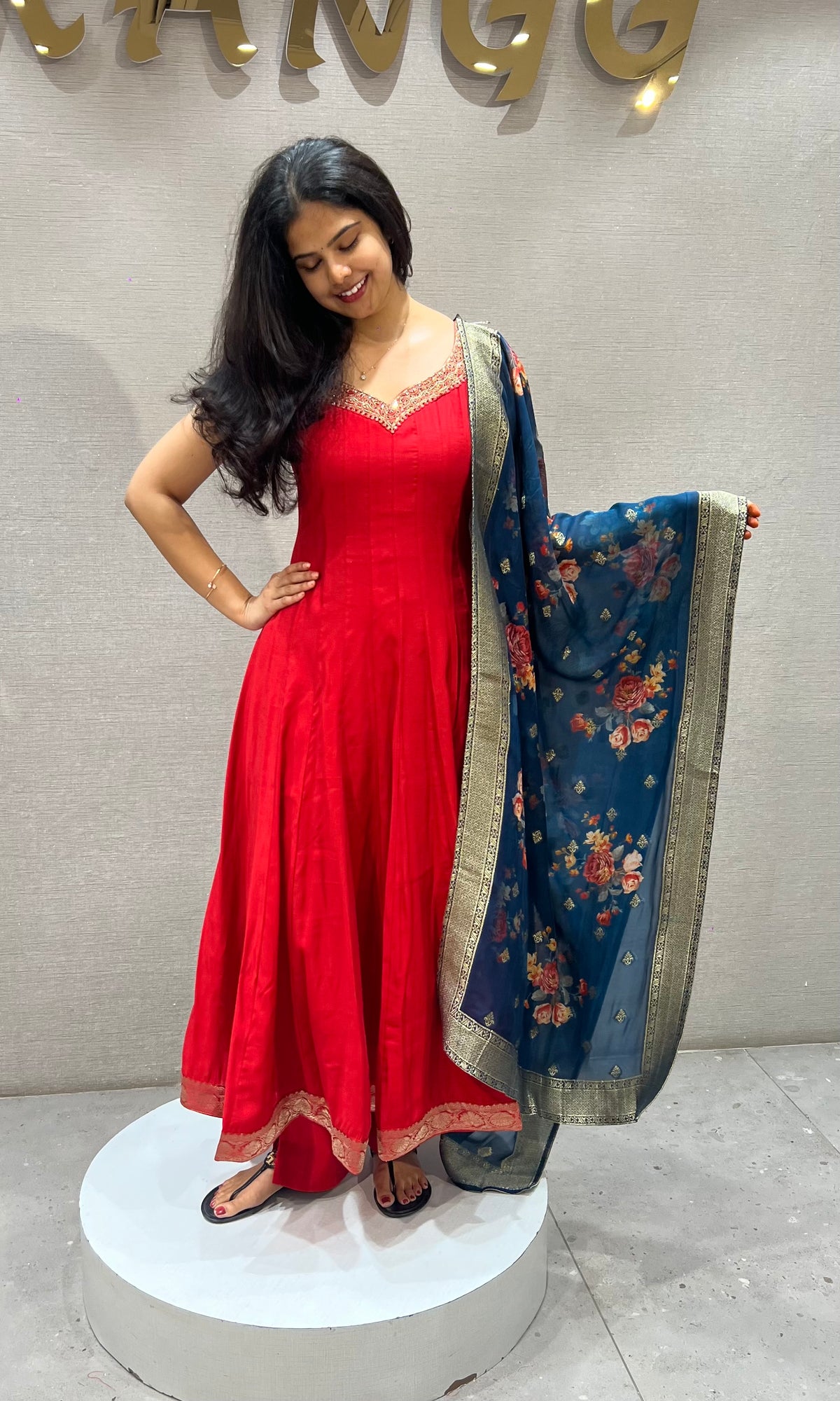 Red Georgette Anarkali Set with Blue Floral Dupatta