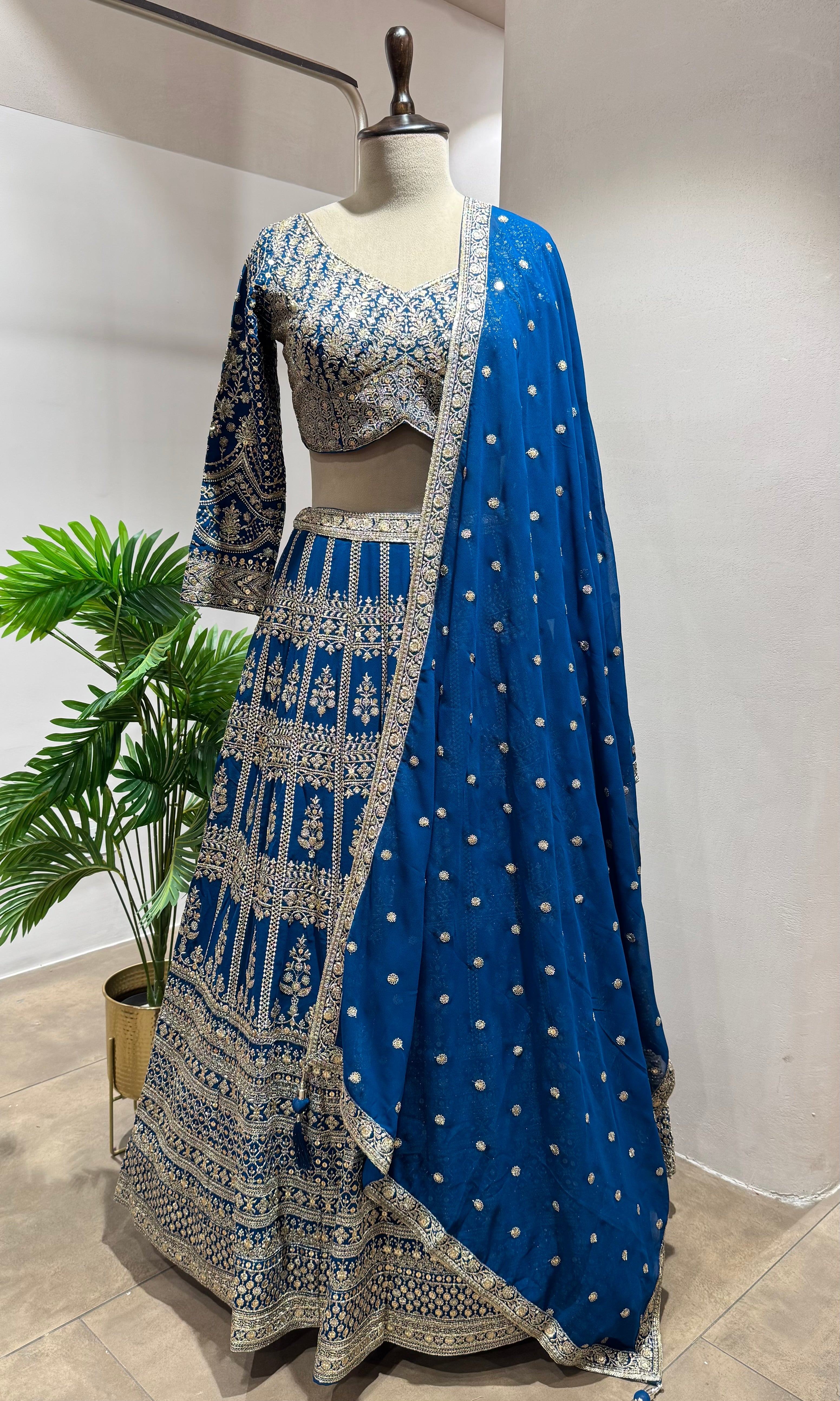 BLUE GOLDEN HEAVY EMBROIDERED LEHENGA