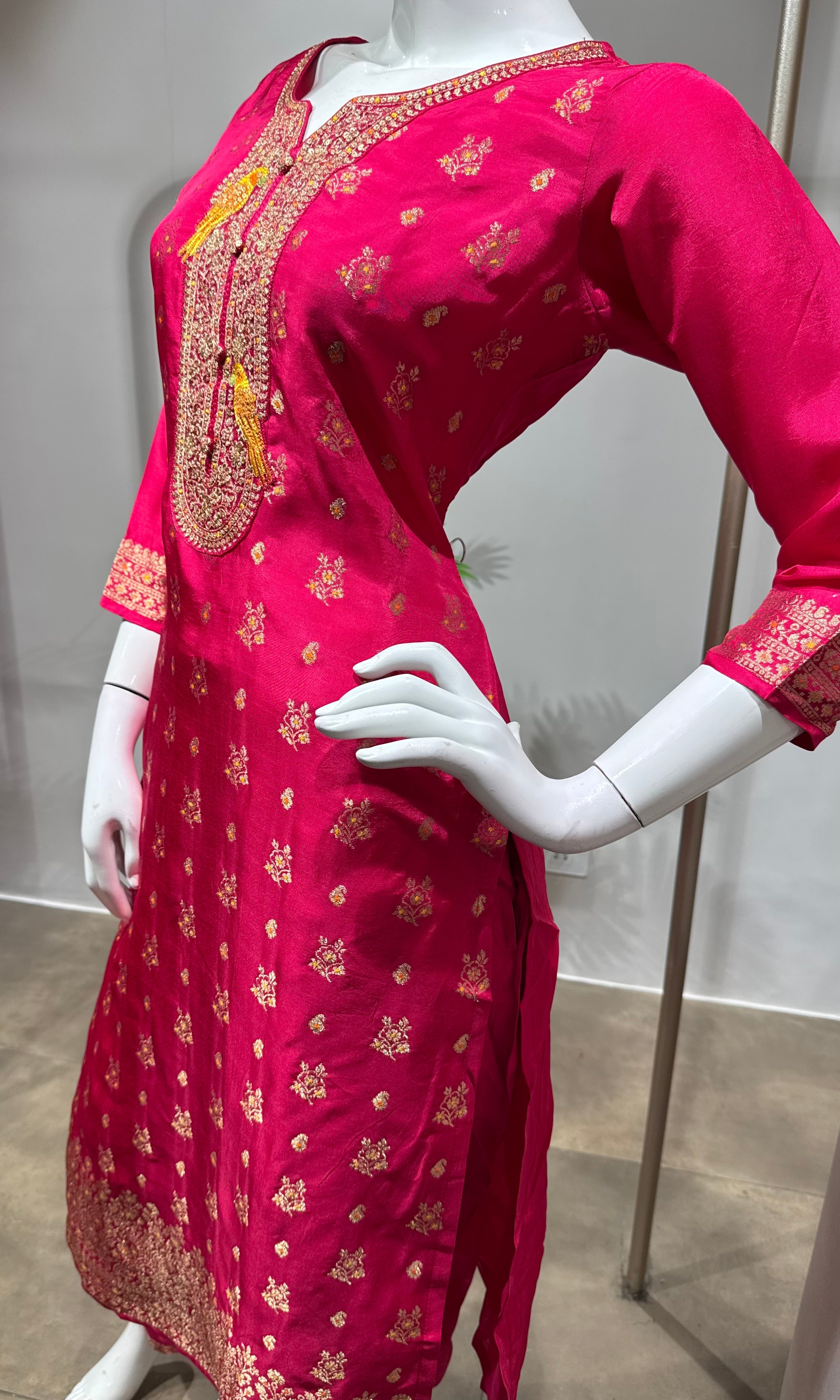 Pink Paithani art silk kurta set with dupatta