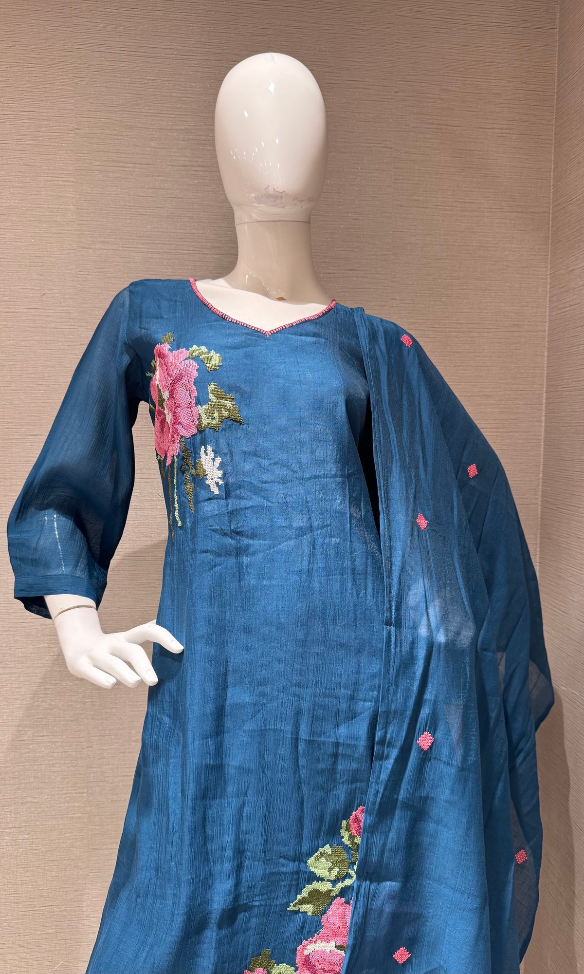 Blue Floral Embroidered Cotton Kurta Set with Dupatta