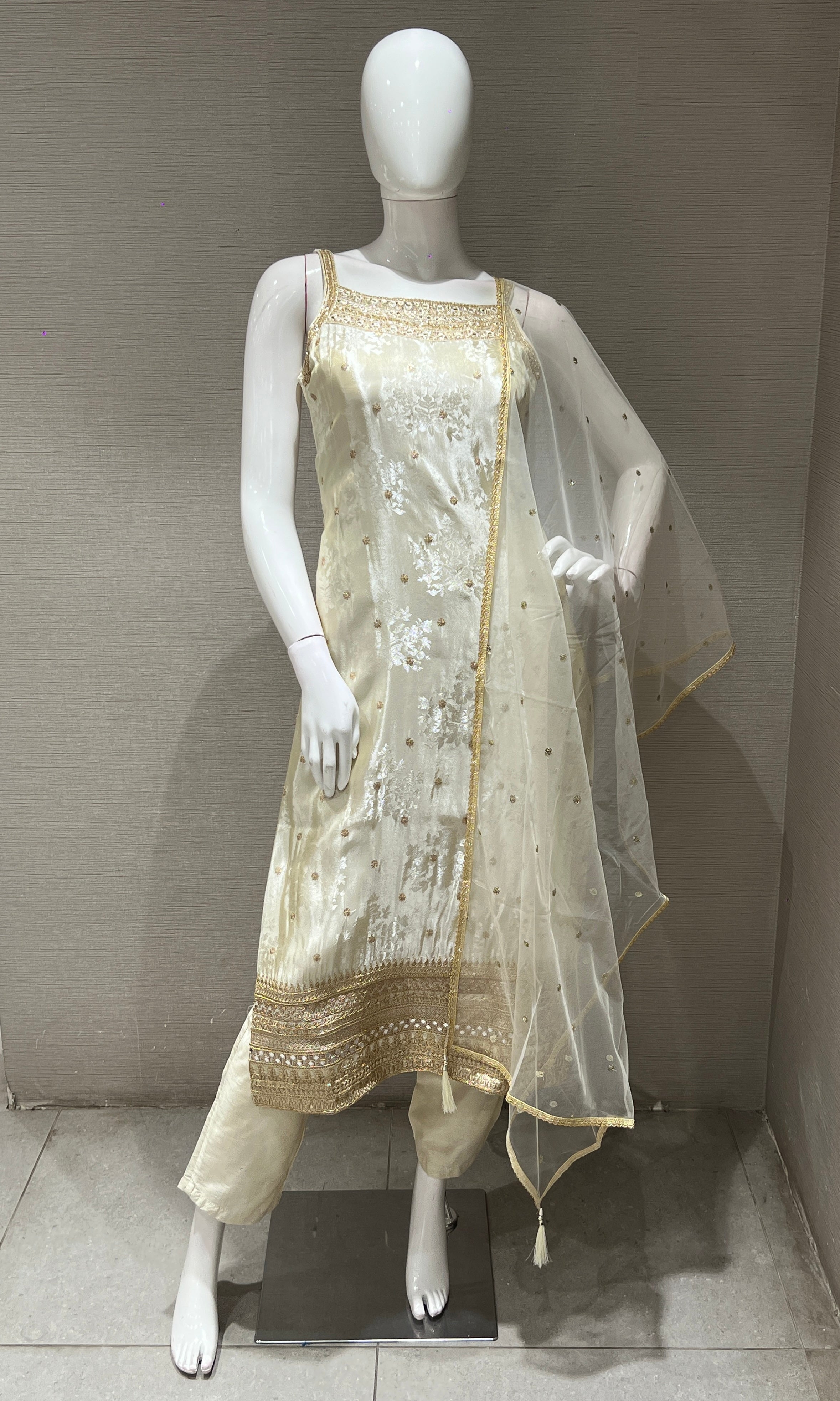 cream and gold embroidered kurta set