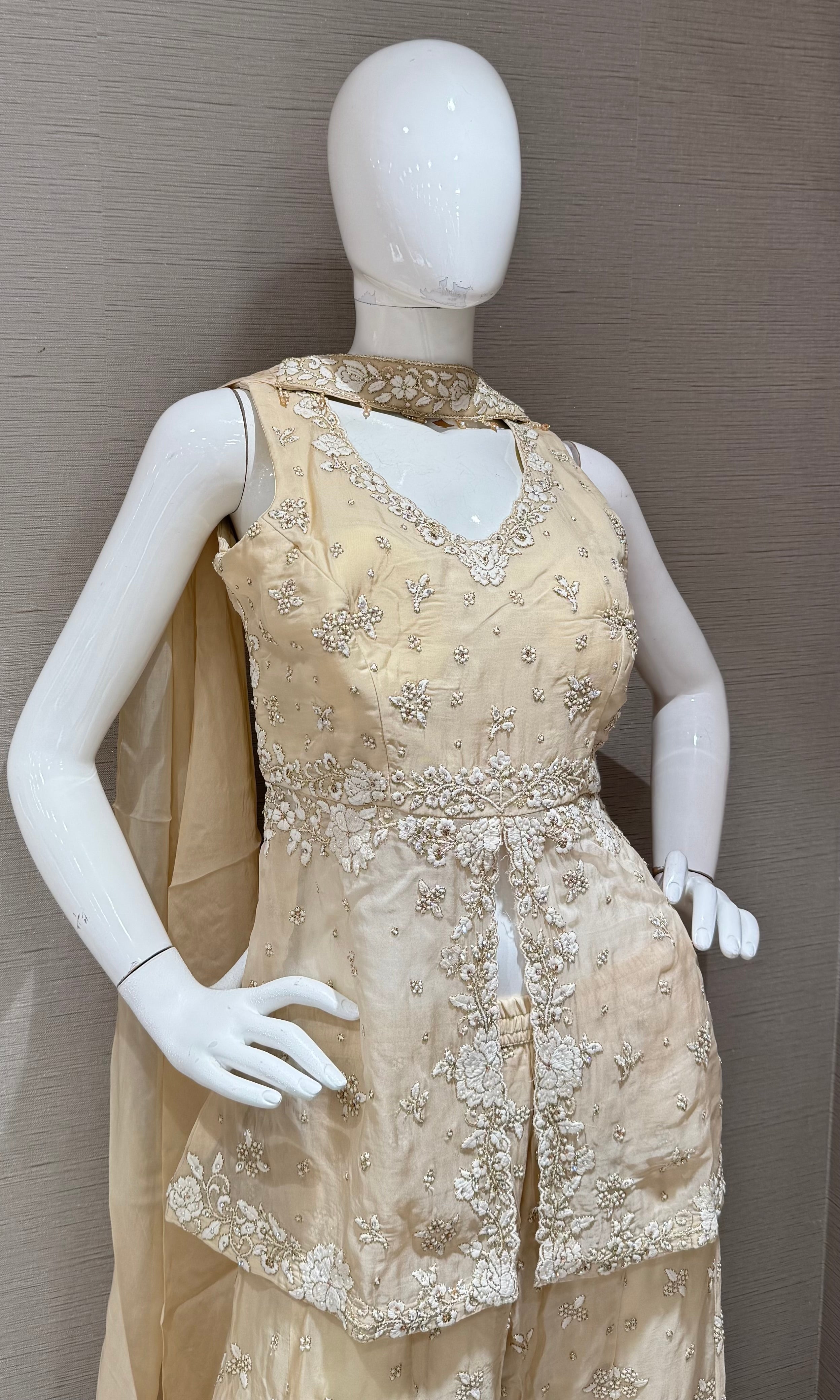 Cream Embellished Palazzo Set with Dupatta