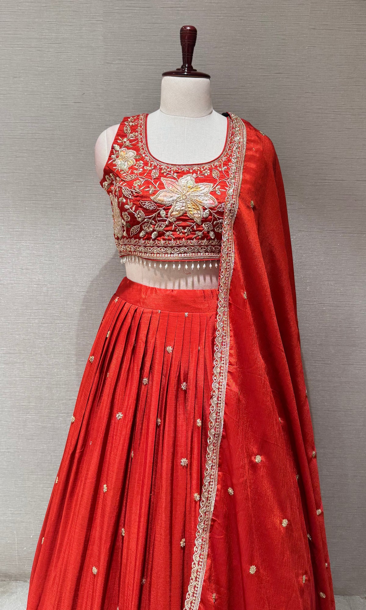 Orange Tissue silk Floral Embroidered Lehenga Set