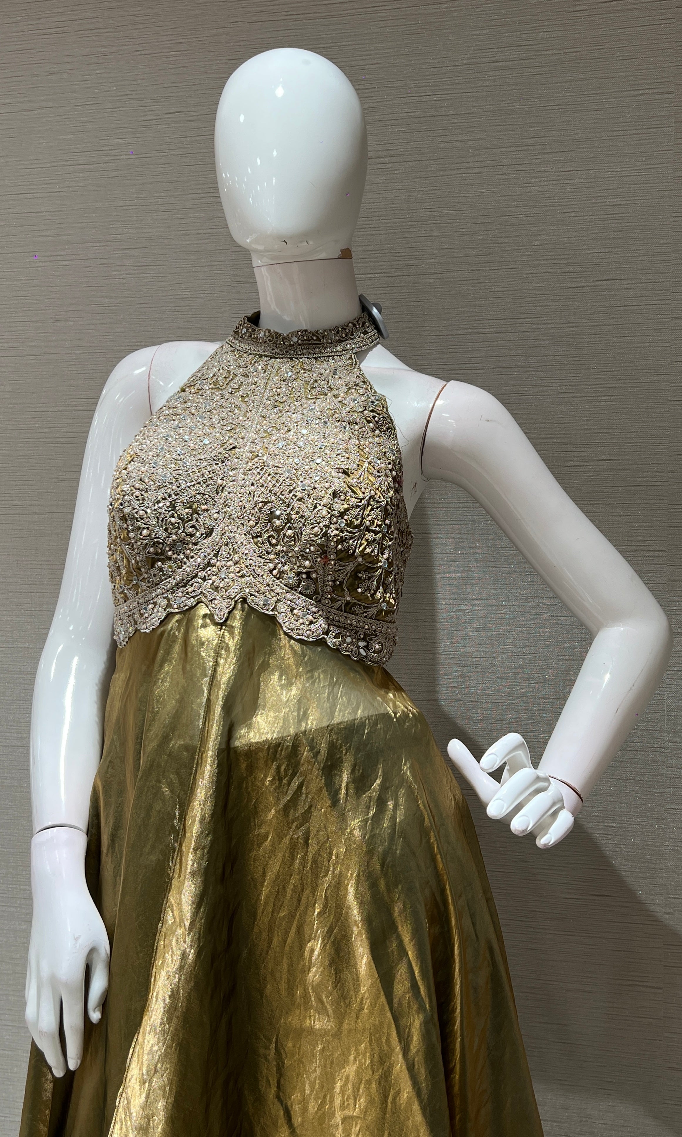 GREEN HALTER NECK ANARKALI WITH FLARED PANTS