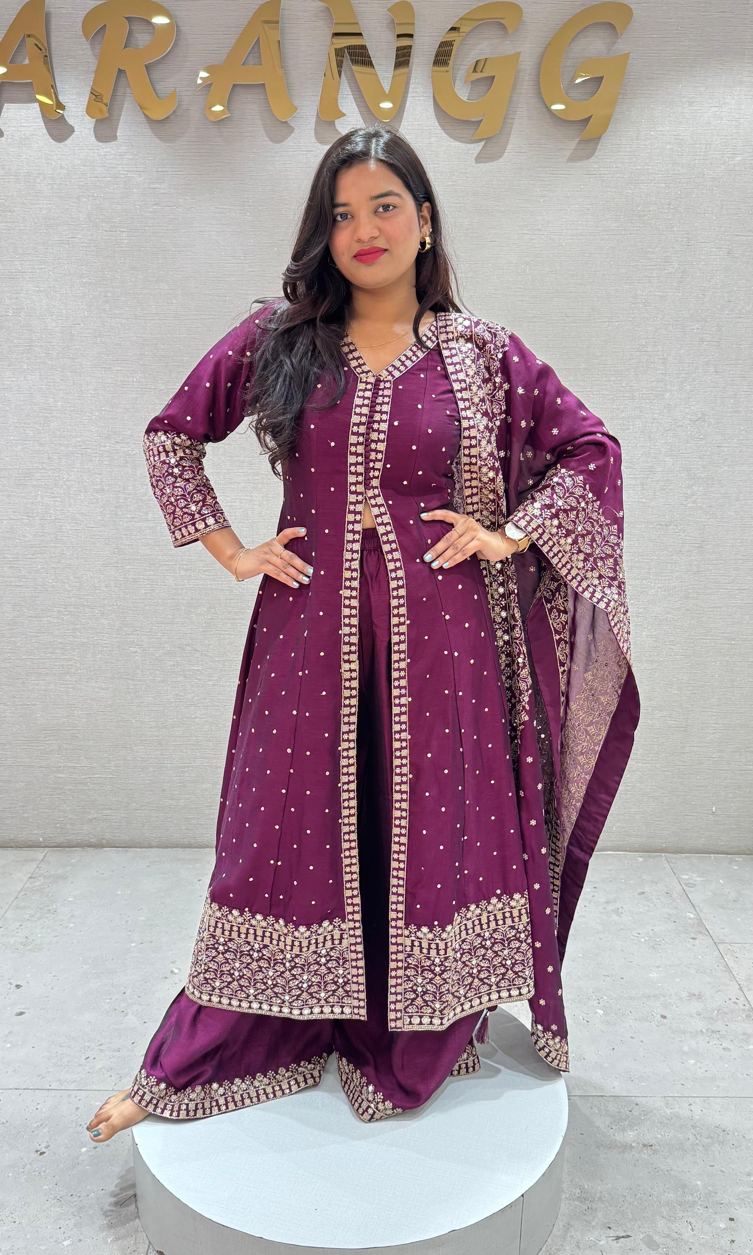 Wine FRONT SLIT EMBROIDERED ANARKALI