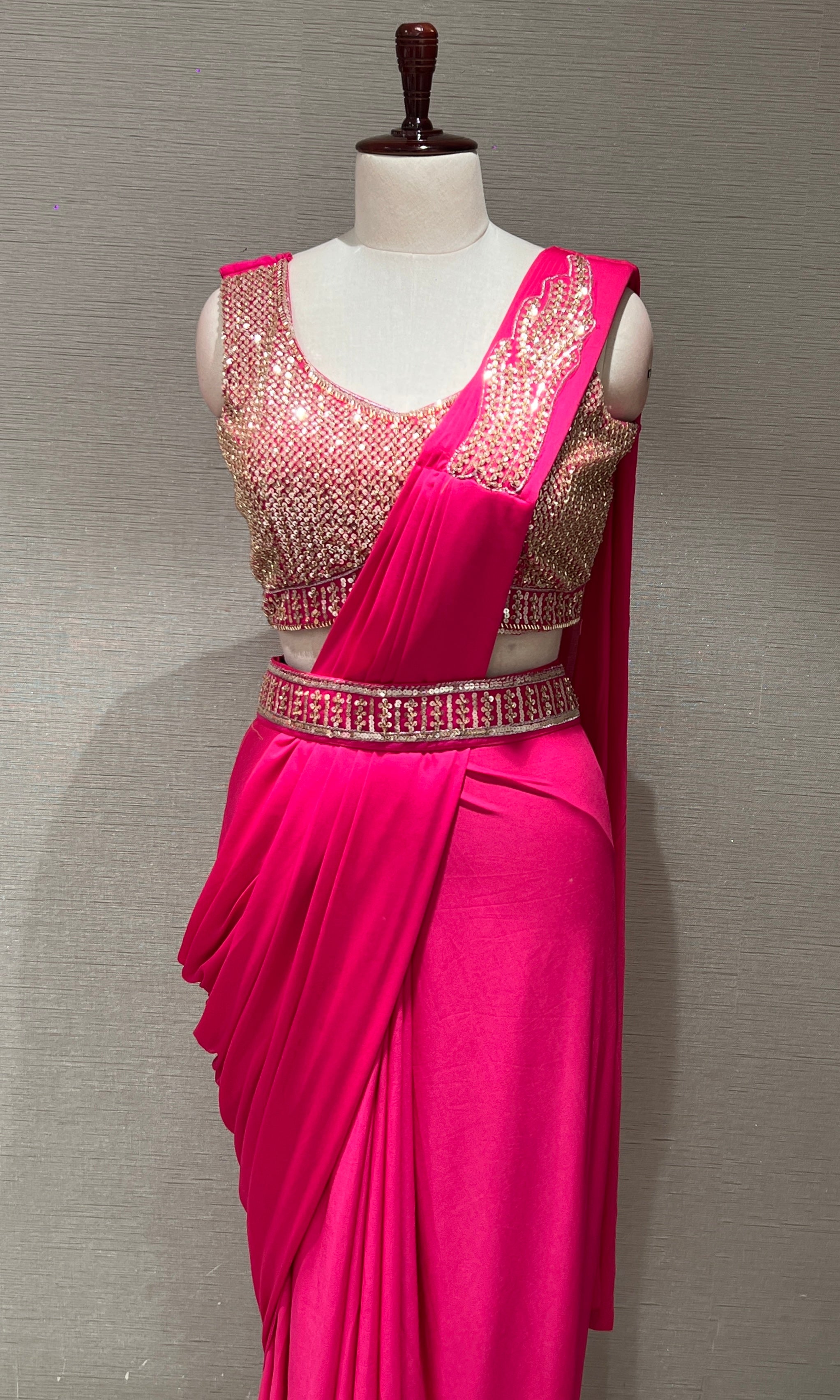 pink drape saree with embroiderY blouse & belt