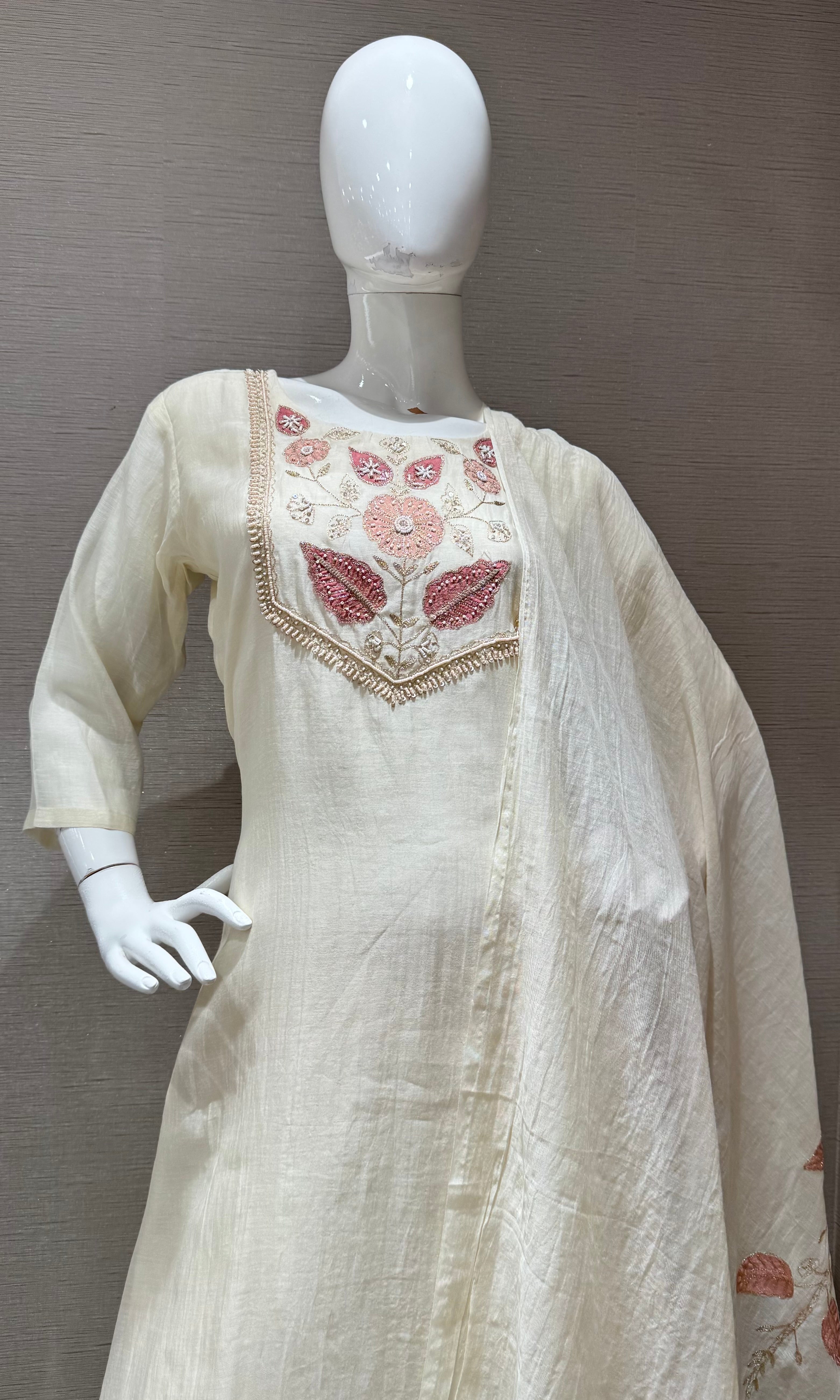 Half White Elegance Floral Embroidered Kurta Set