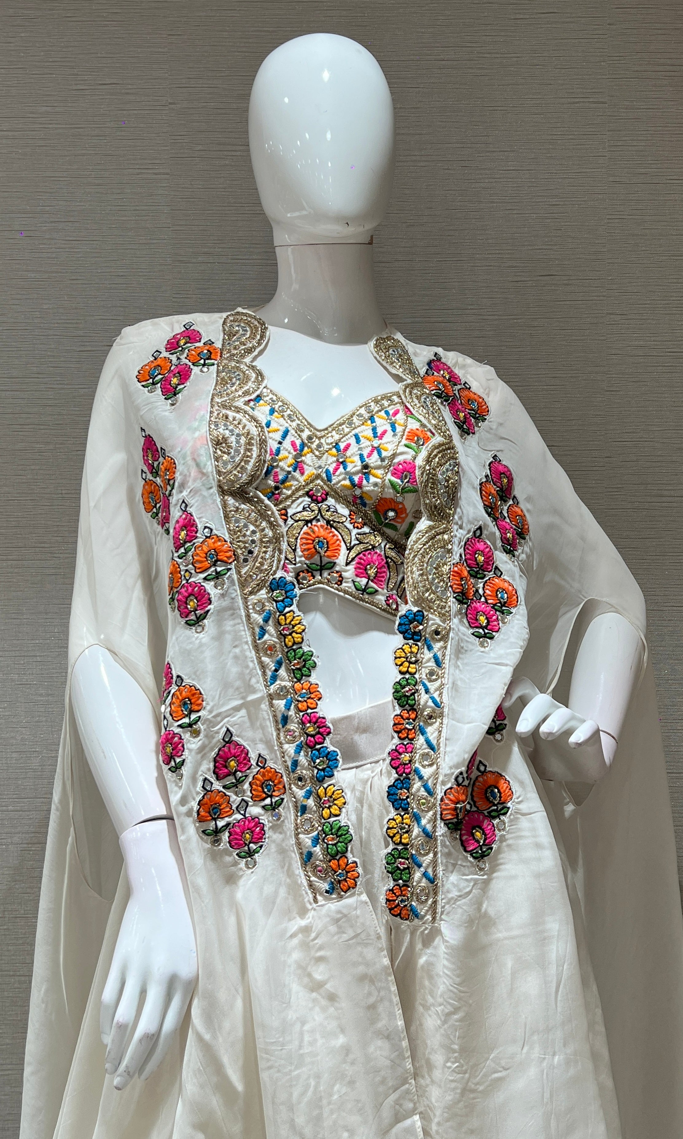 Cream SKIRT WITH FLORAL BLOUSE AND CAPE