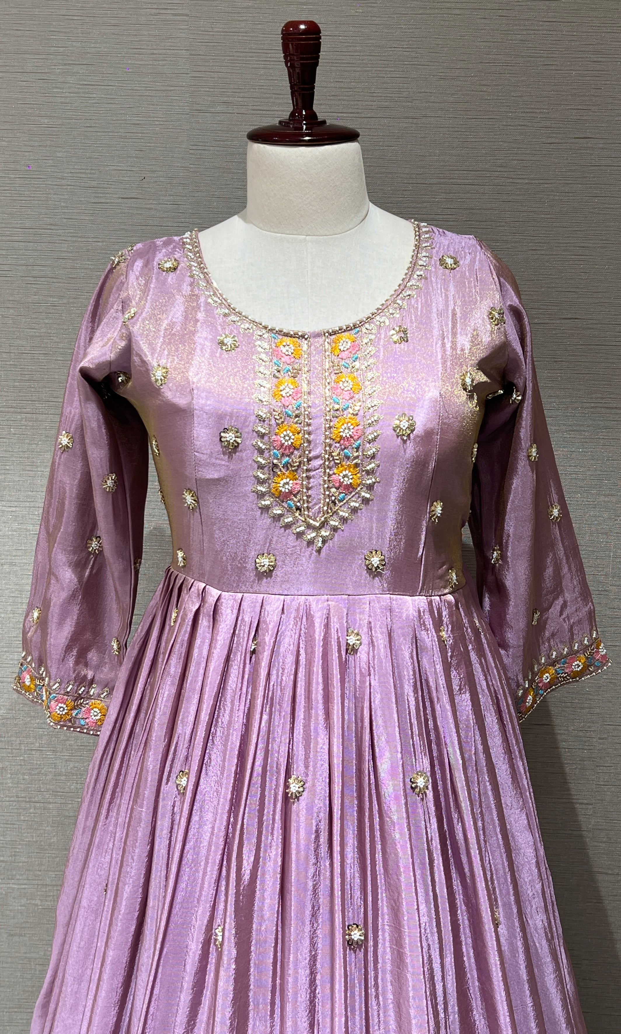 Lilac Anarkali Long Gown with Floral Embroidery and Dupatta