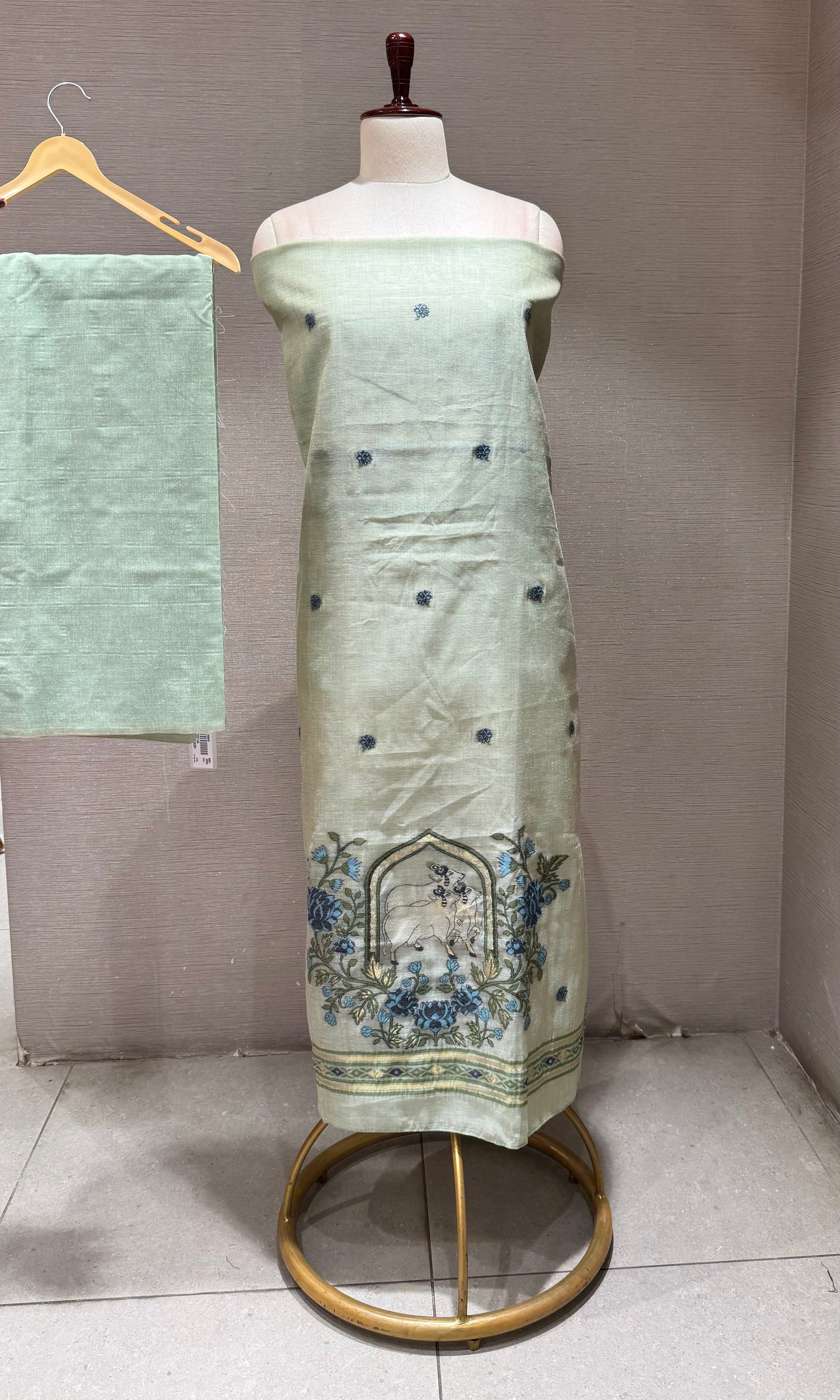 Mint Green with Blue Floral Embroidery dress material