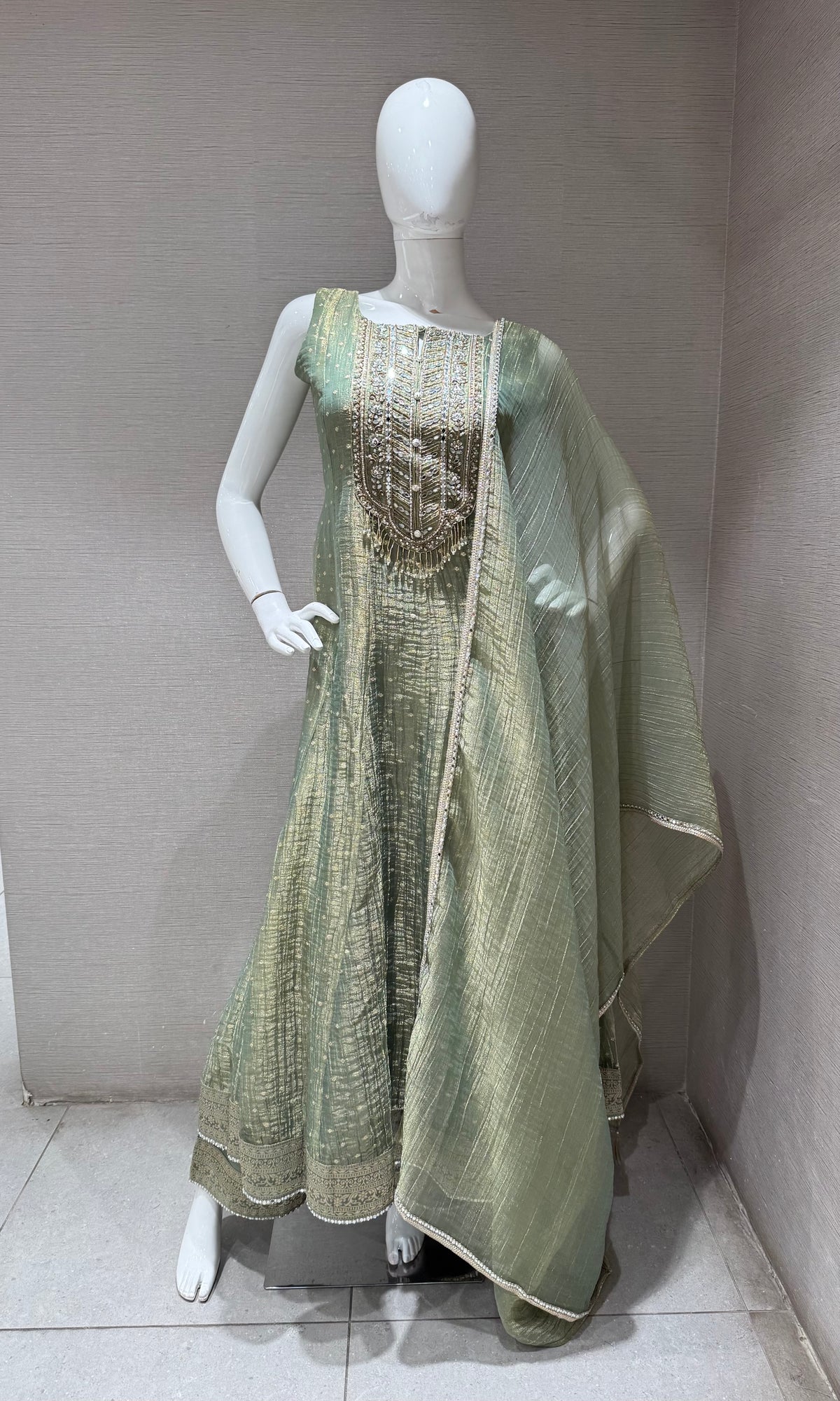 Sage Green Embroidered Tissue Silk Anarkali Set
